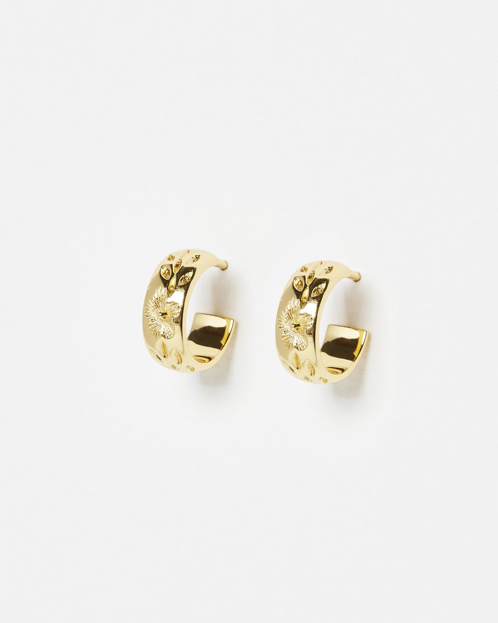 Sarah Floral Vintage Engraving Gold Plated Hoop Earrings | Oliver Bonas