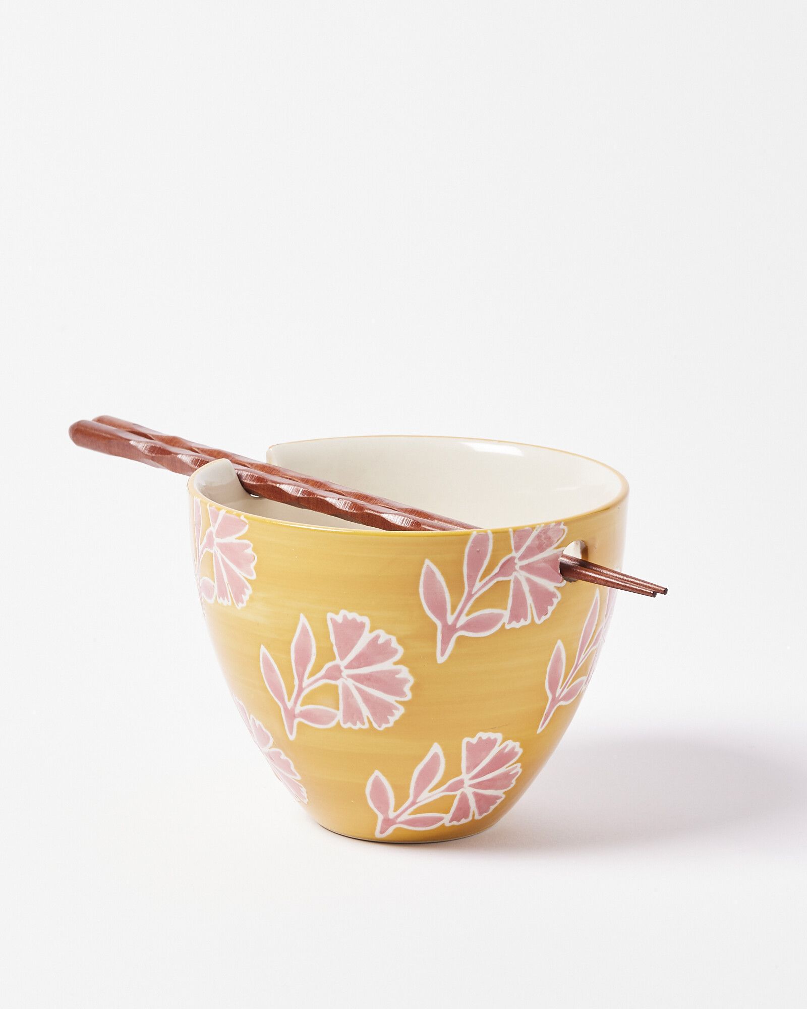 Dahlia Floral Yellow Ceramic Noodle Bowl & Chopsticks | Oliver Bonas