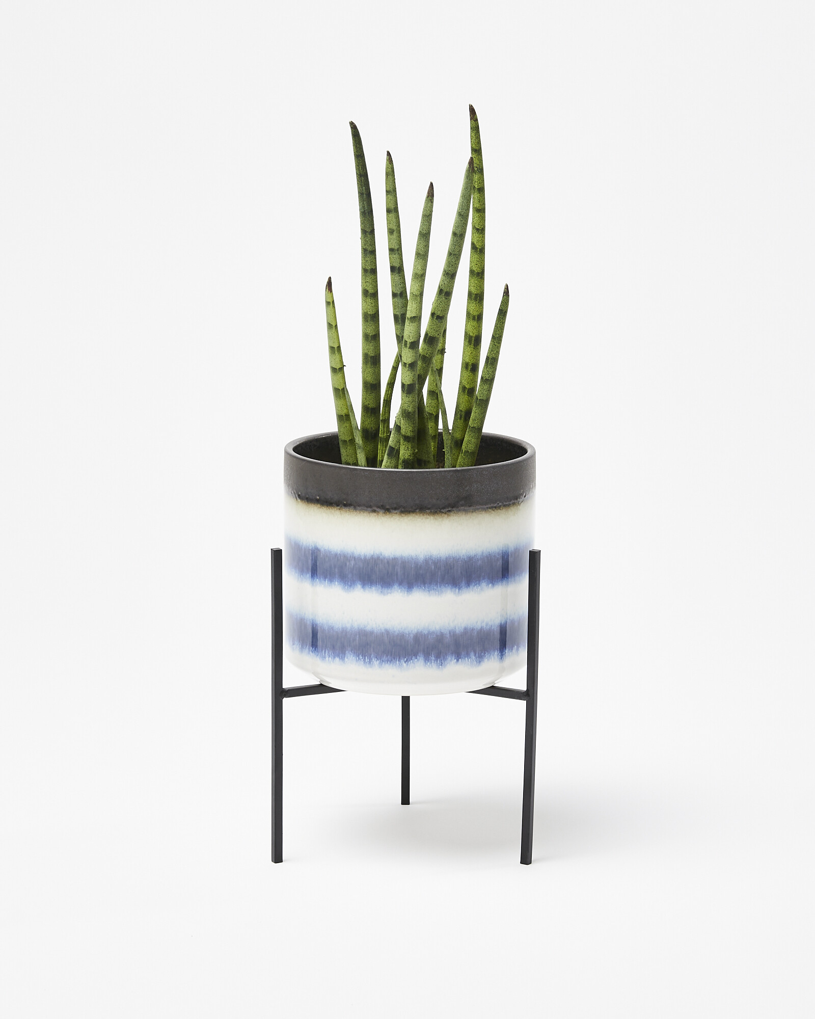 Lani Blue Ceramic Plant Pot & Stand Short Oliver Bonas