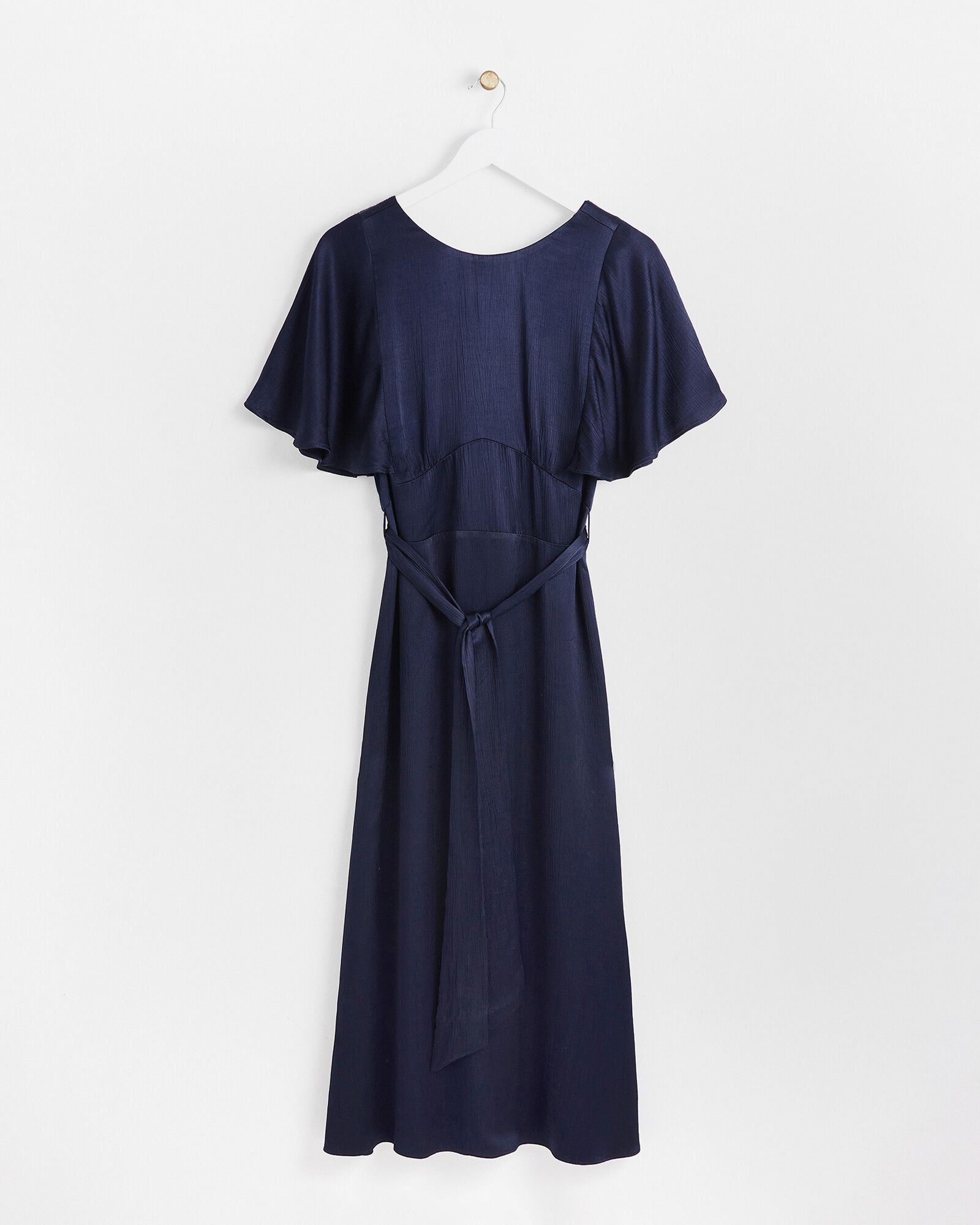 Crinkle Sleeve Navy Satin Midi Dress | Oliver Bonas