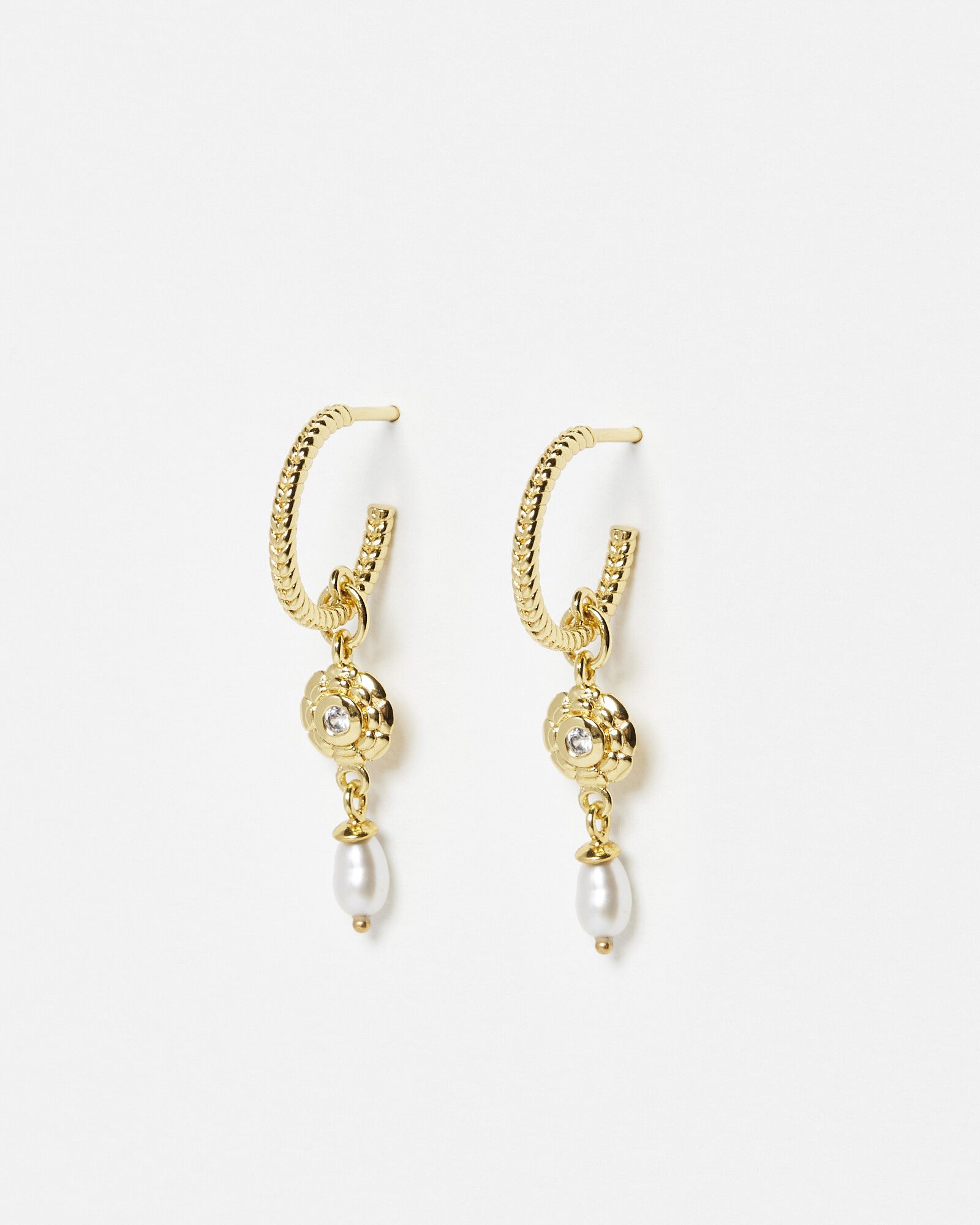 Birdie Flower Charm & Freshwater Pearl Drop Gold Plated Hoop Earrings ...