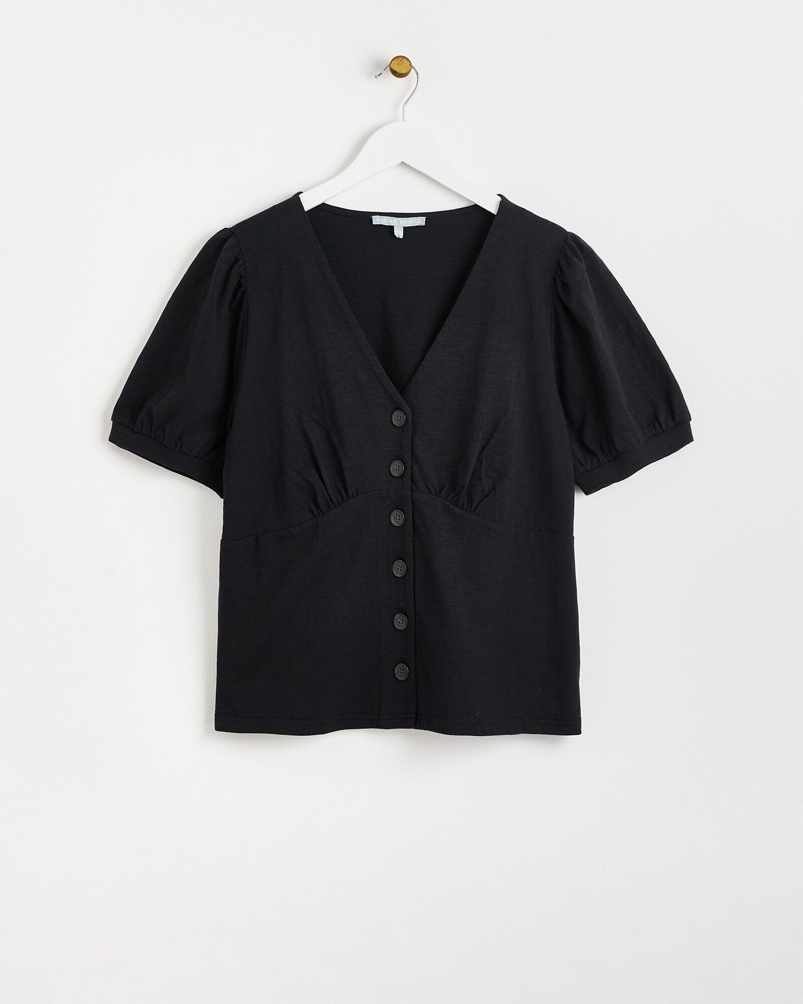 Button Through Black Jersey Top | Oliver Bonas