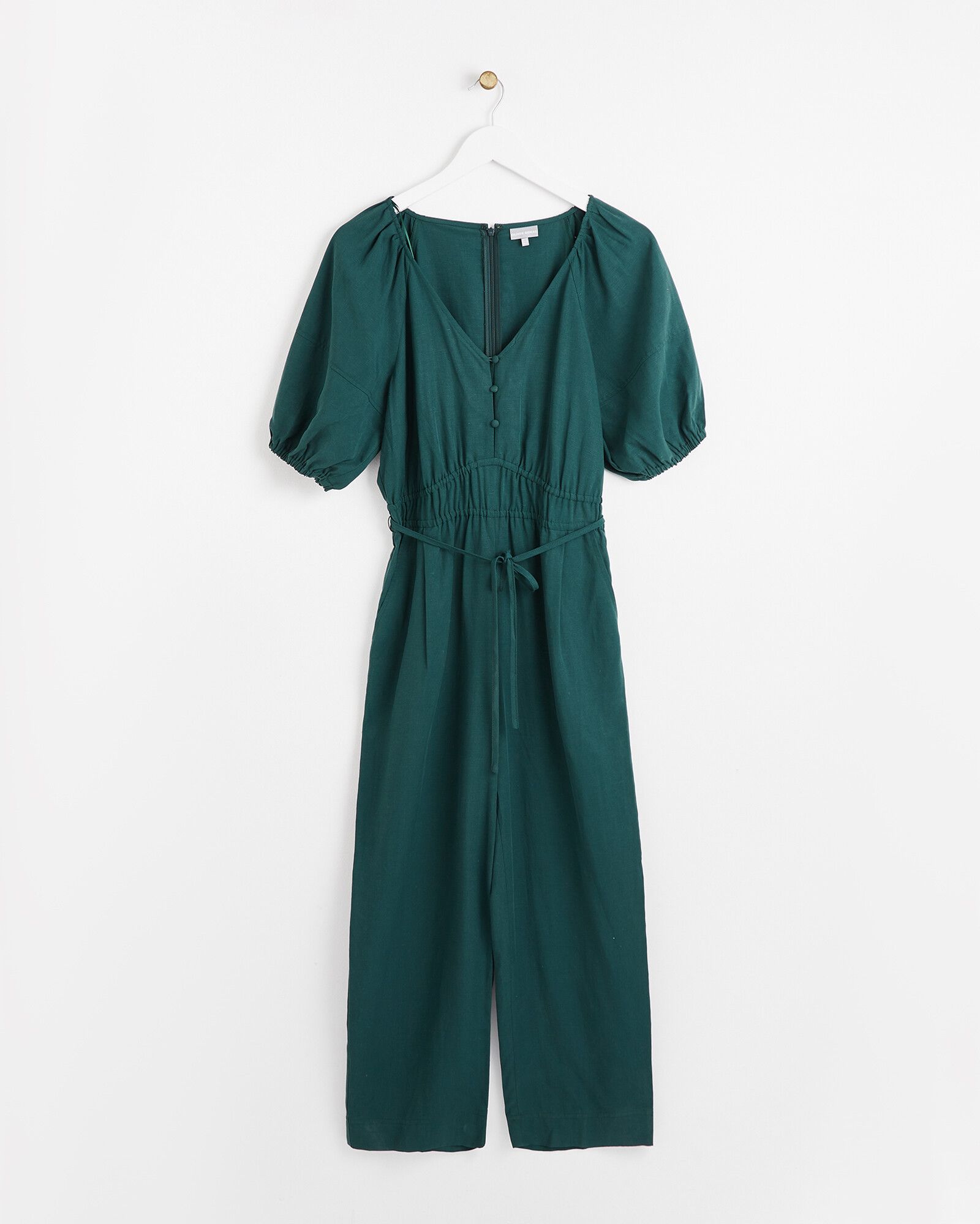 Short Sleeve Gathered Waist Green Jumpsuit | Oliver Bonas