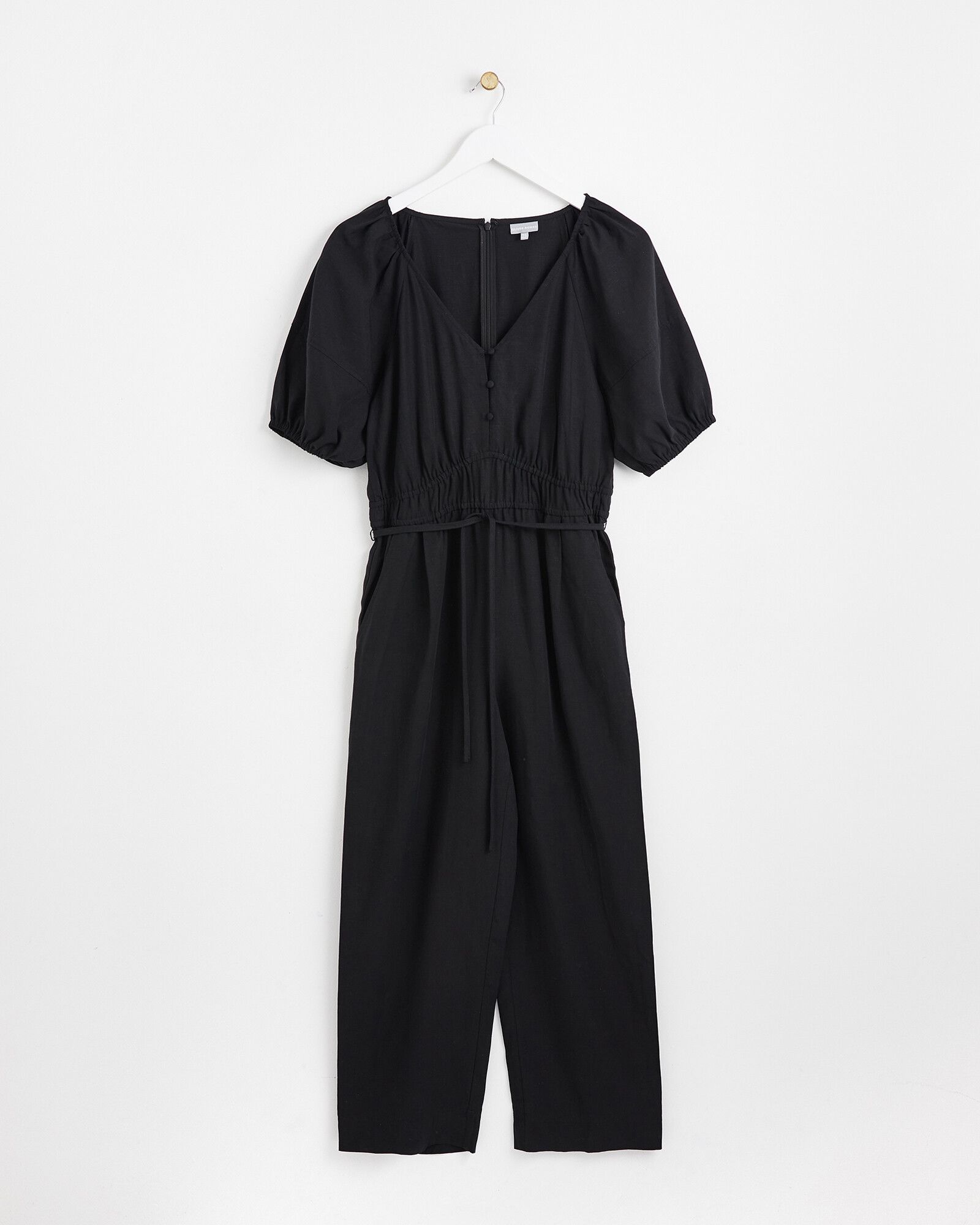 Short Sleeve Gathered Waist Black Jumpsuit | Oliver Bonas