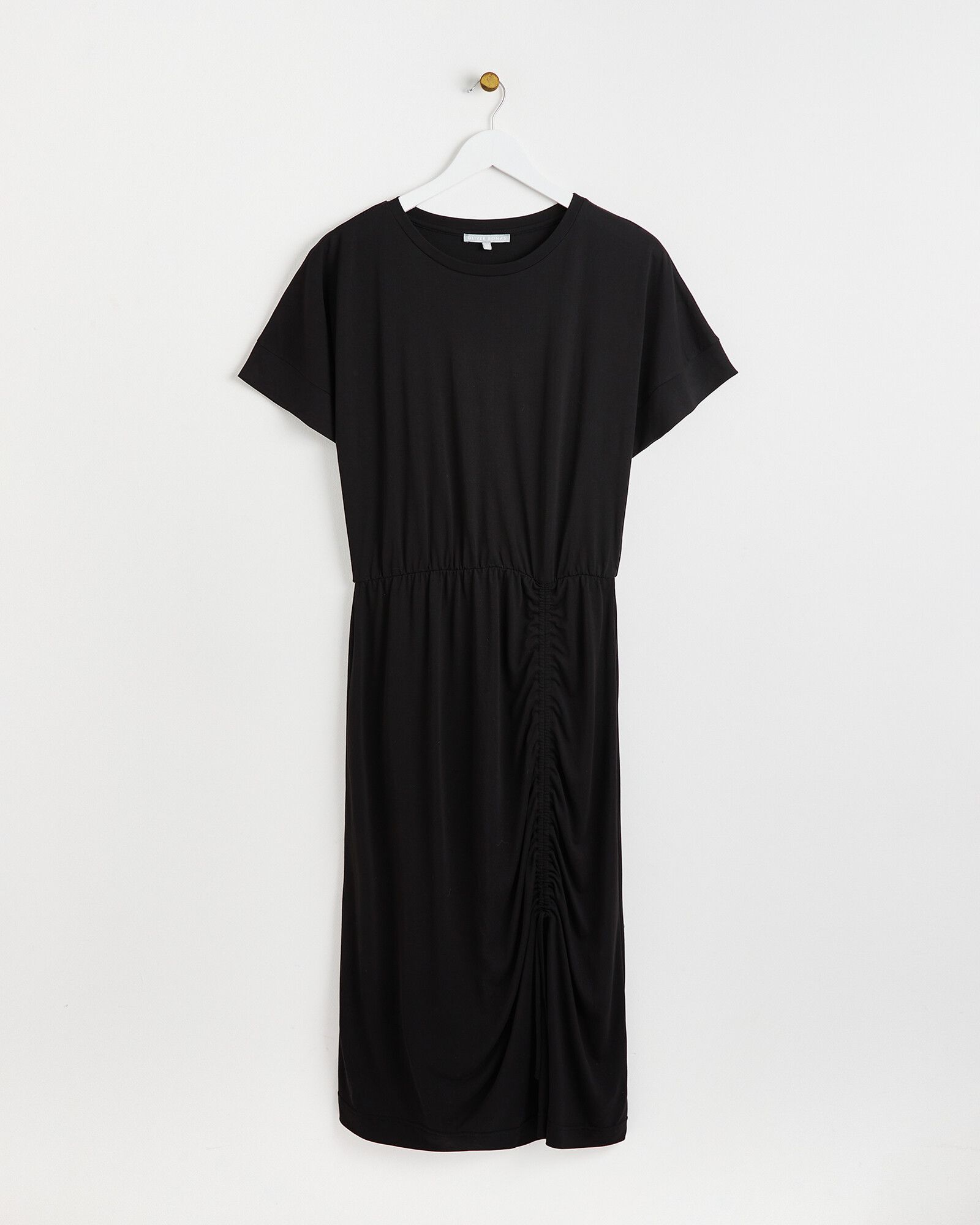 Ruched Side Tie Black Midi Dress | Oliver Bonas