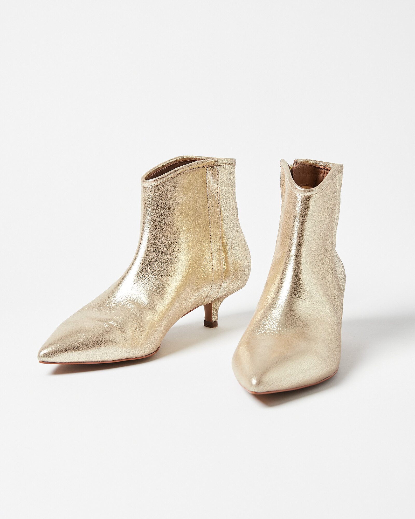 Pointed Kitten Heel Gold Leather Boots | Oliver Bonas