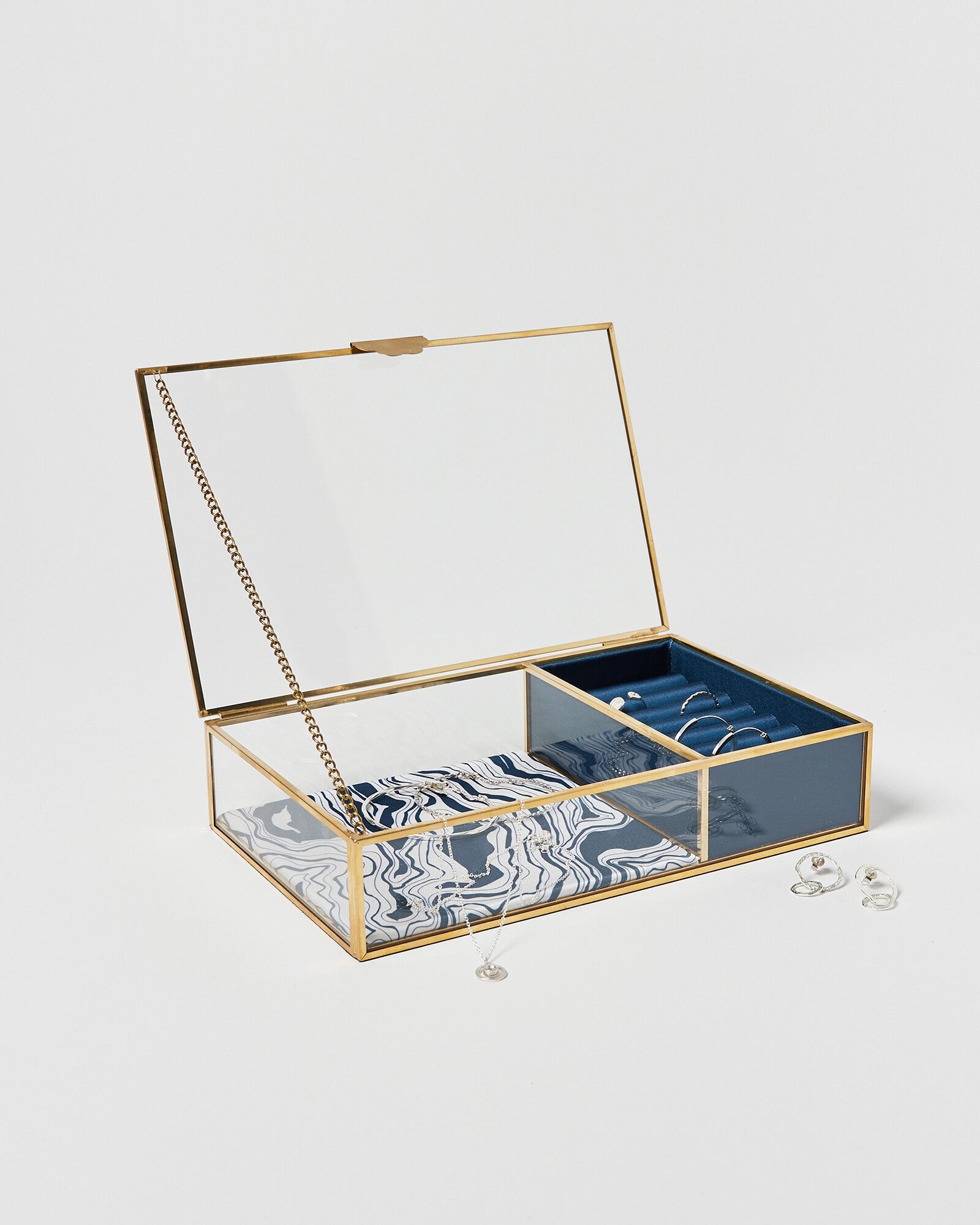 Gold & Glass Blue Swirl Satin Jewellery Box | Oliver Bonas