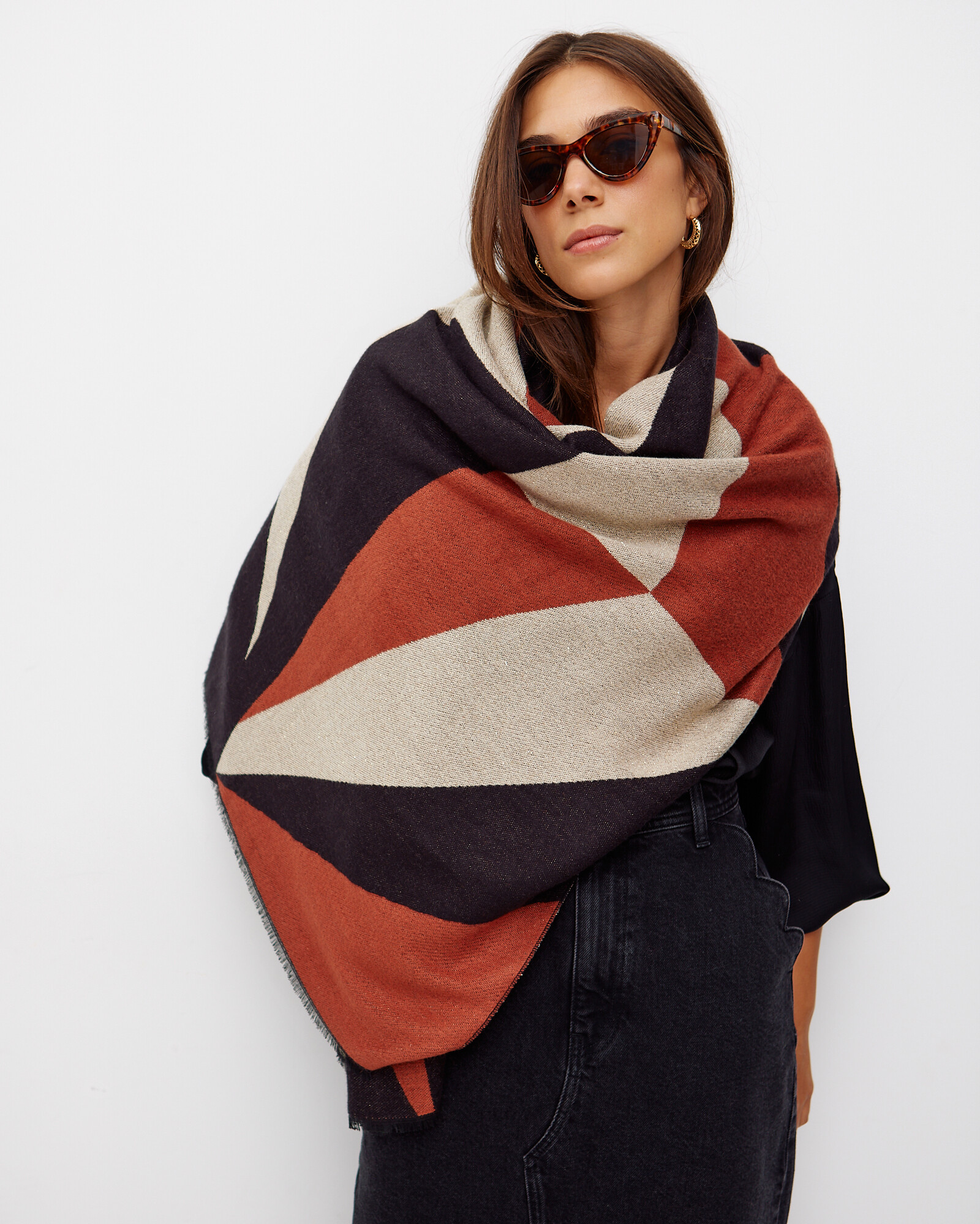 Geometric Black & Brown Midweight Blanket Scarf Oliver Bonas
