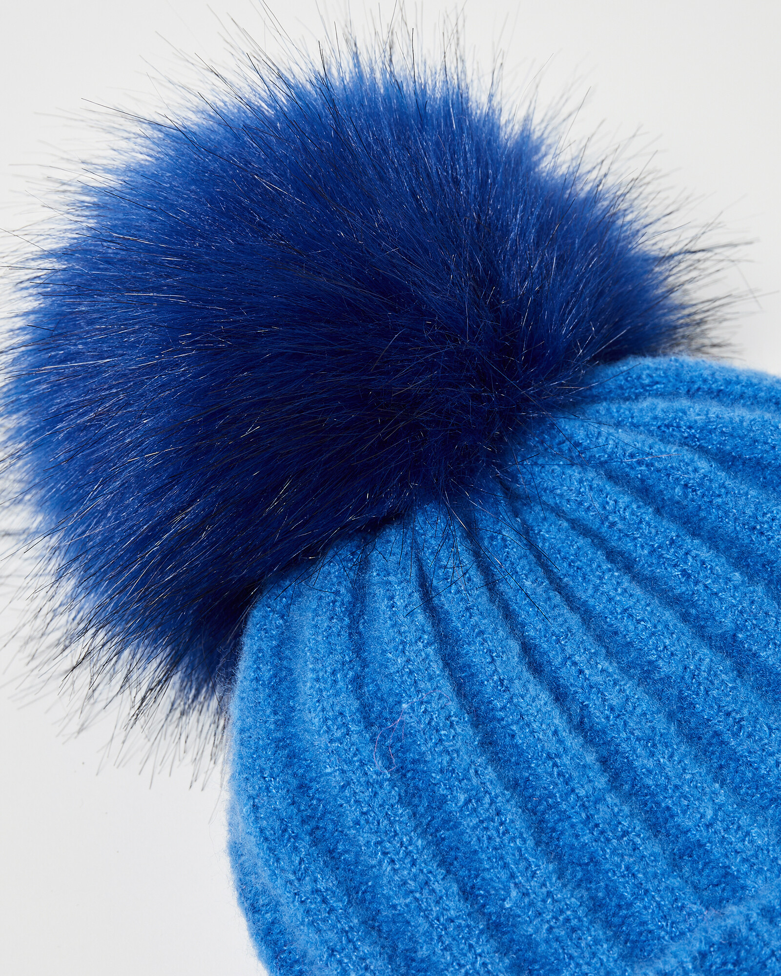 Oliver Bonas Blue Fluffy Hat Cobalt Blue Ribbed Pom Knitted Beanie