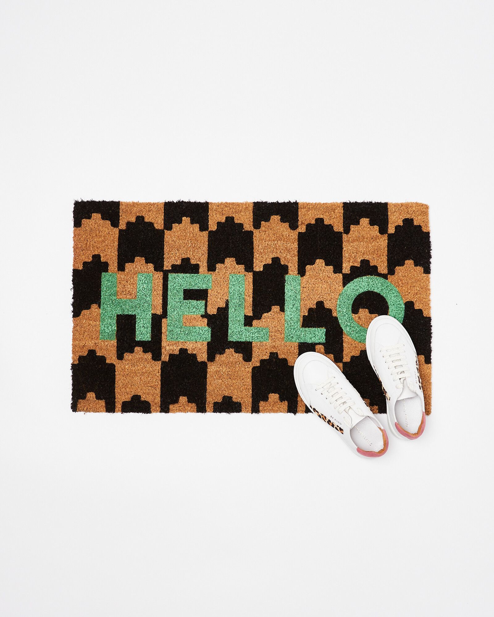 Hello Black & Green Doormat | Oliver Bonas