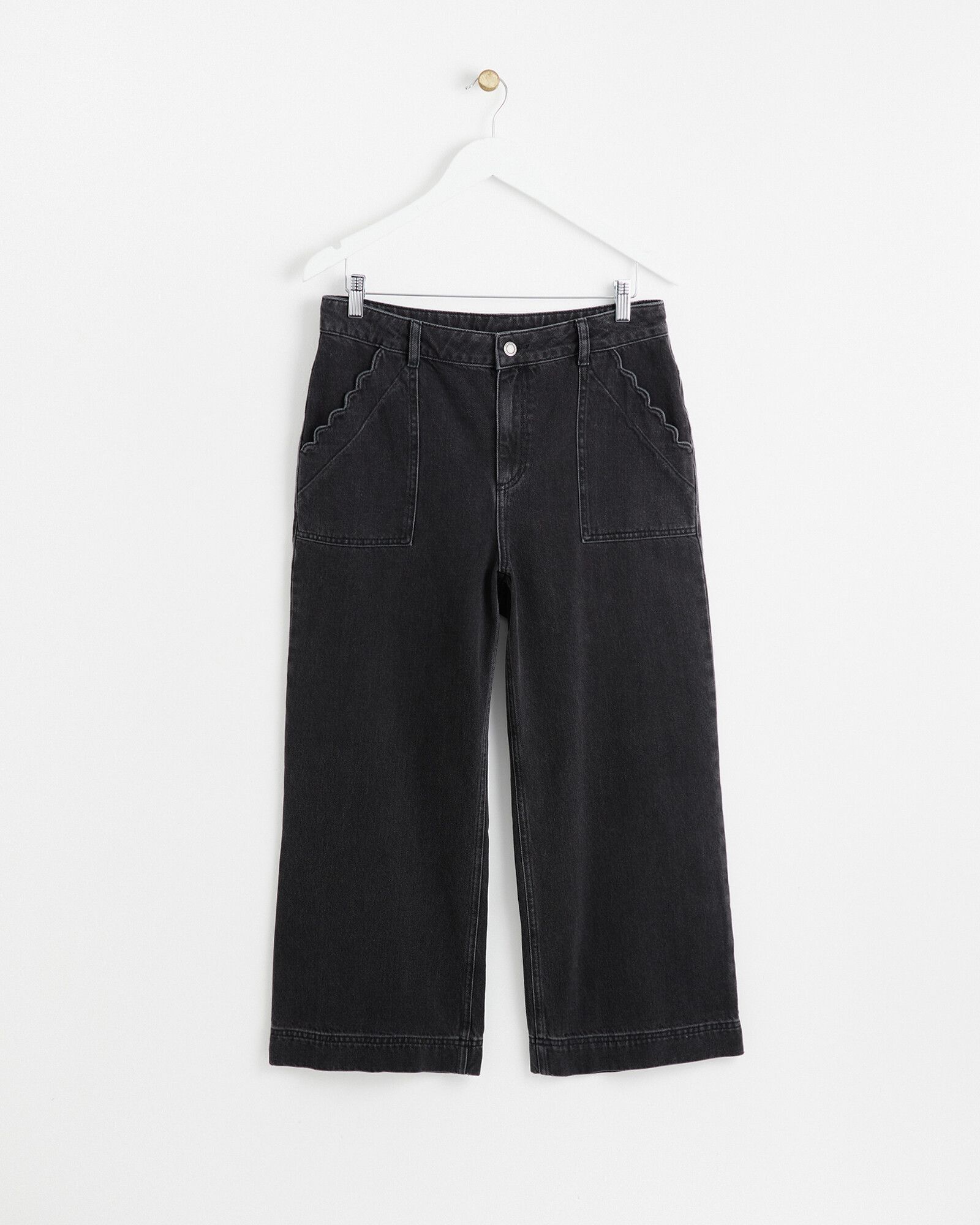 Washed Black Wide Leg Scalloped Pocket Cropped Jeans | Oliver Bonas