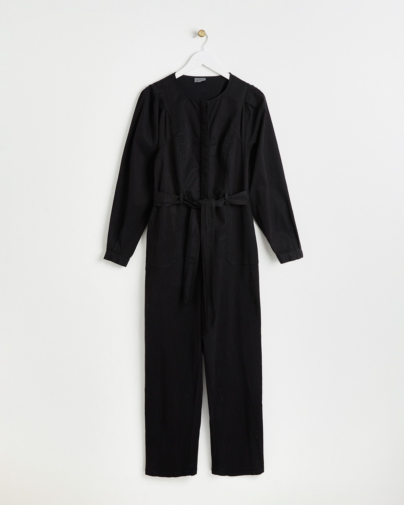Pleat Sleeve Black Twill Jumpsuit | Oliver Bonas