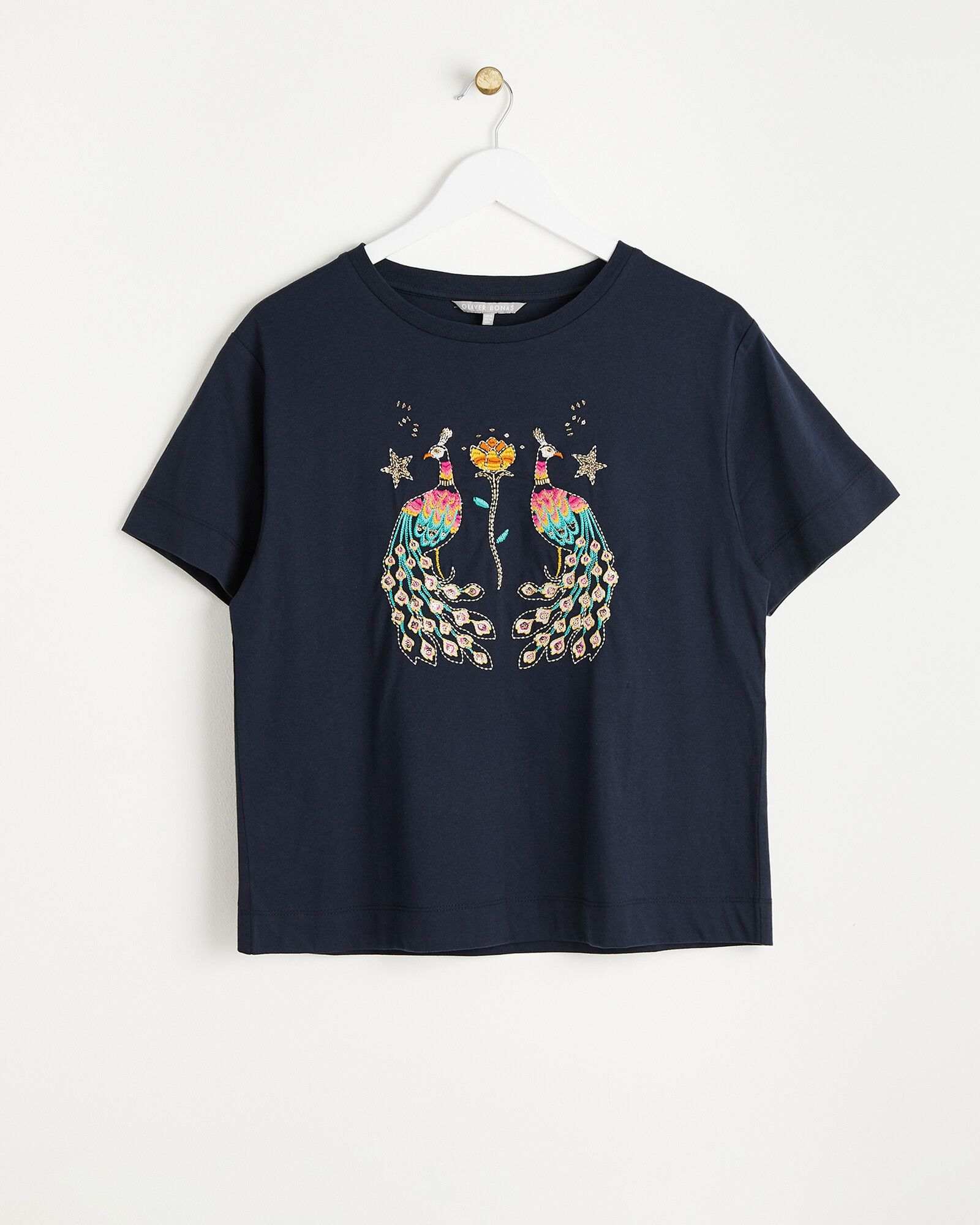 Peacock Embroidered Navy Blue T-Shirt | Oliver Bonas
