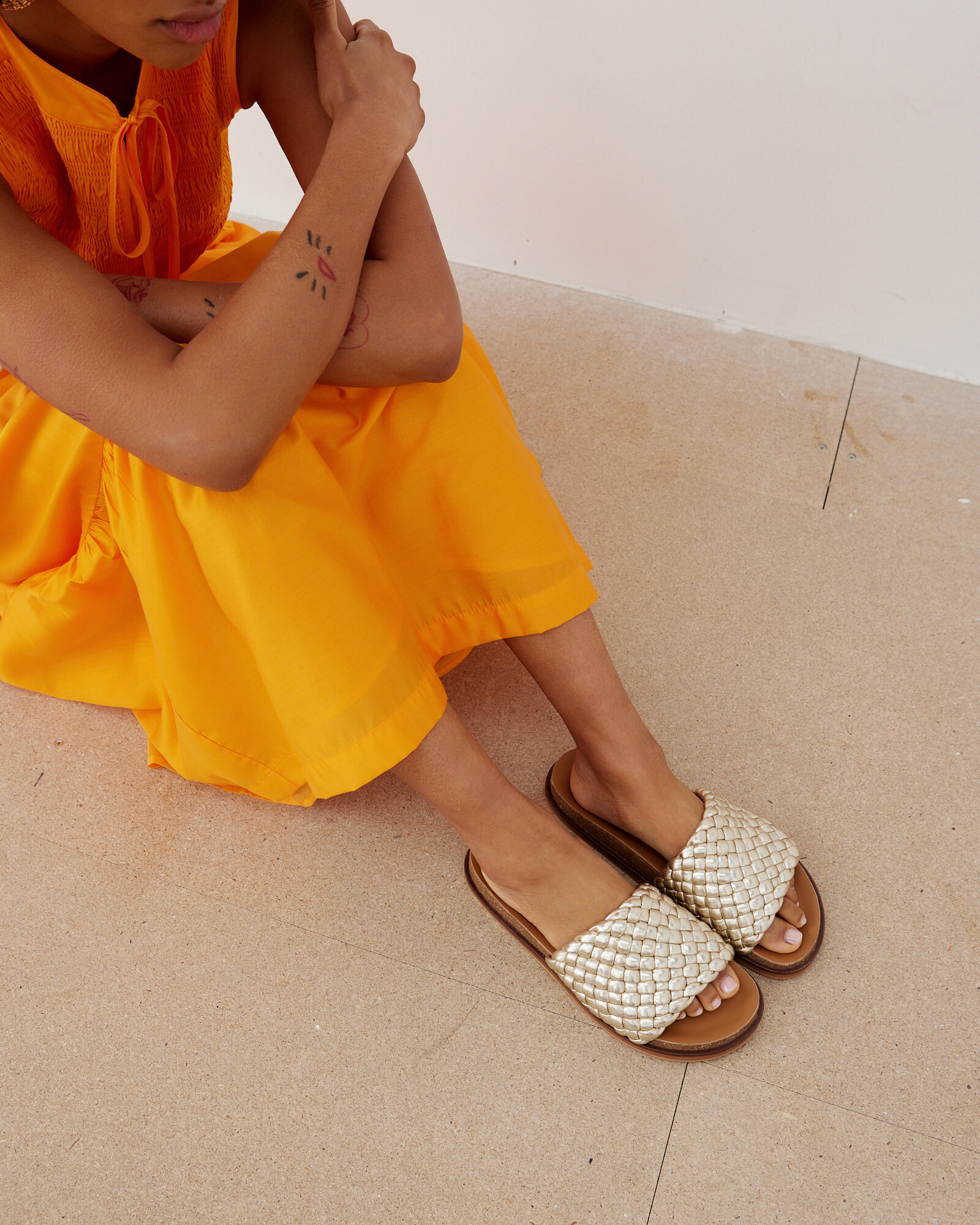 Metallic Gold Woven Leather Mule Sandals | Oliver Bonas