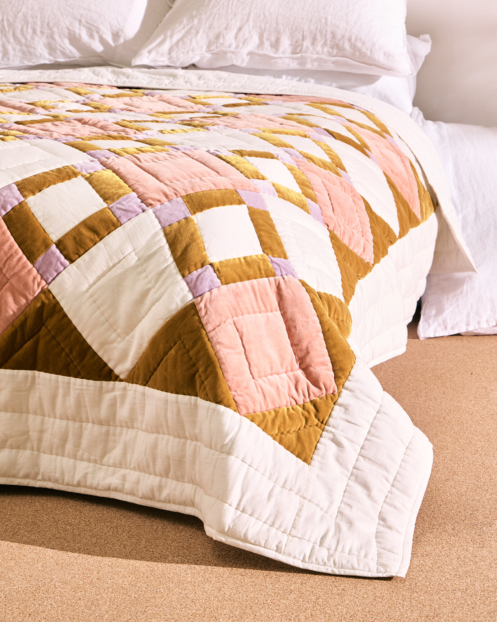 Elio Pink & Yellow Patchwork Velvet Bedspread Oliver Bonas