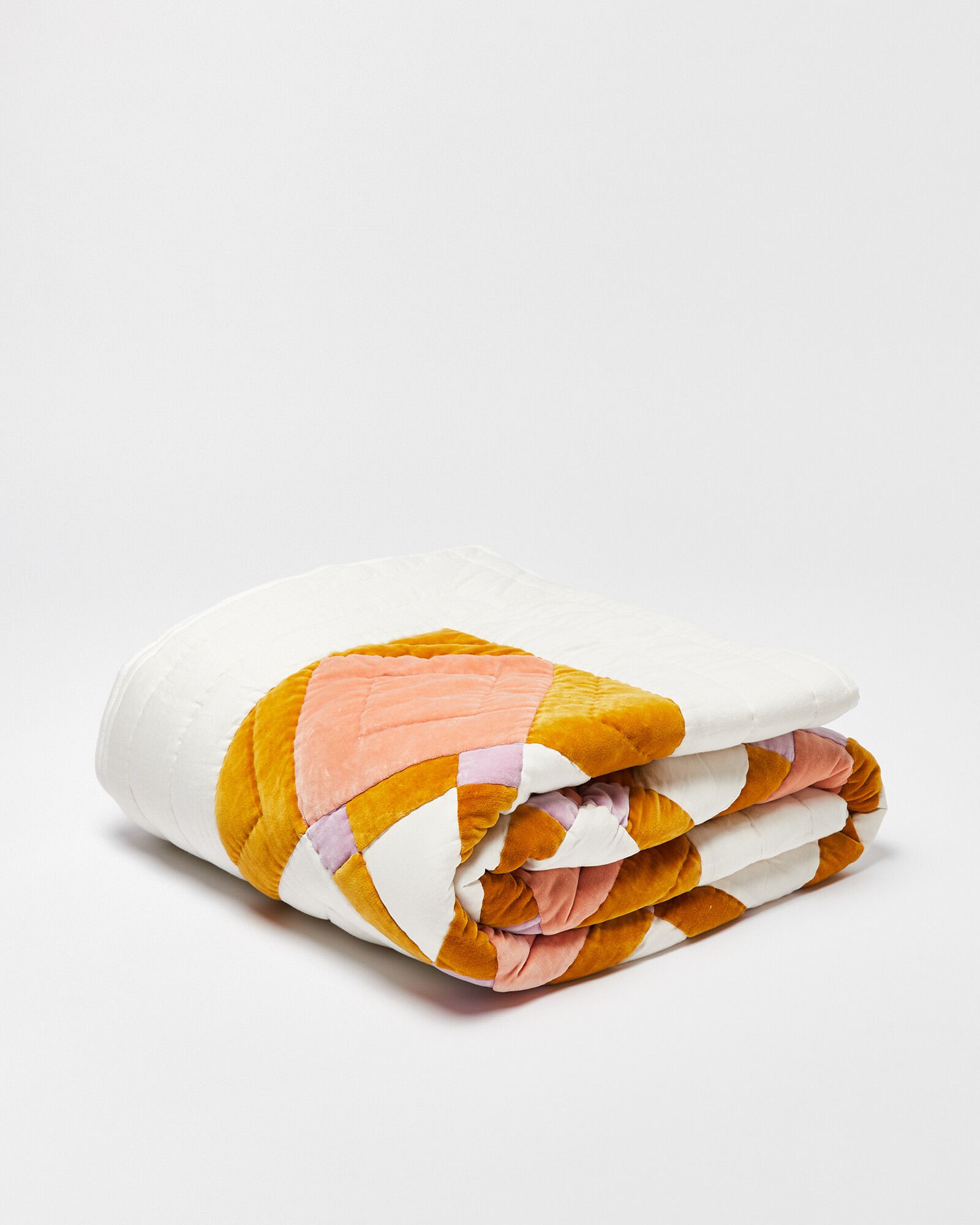 Elio Pink & Yellow Patchwork Velvet Bedspread | Oliver Bonas