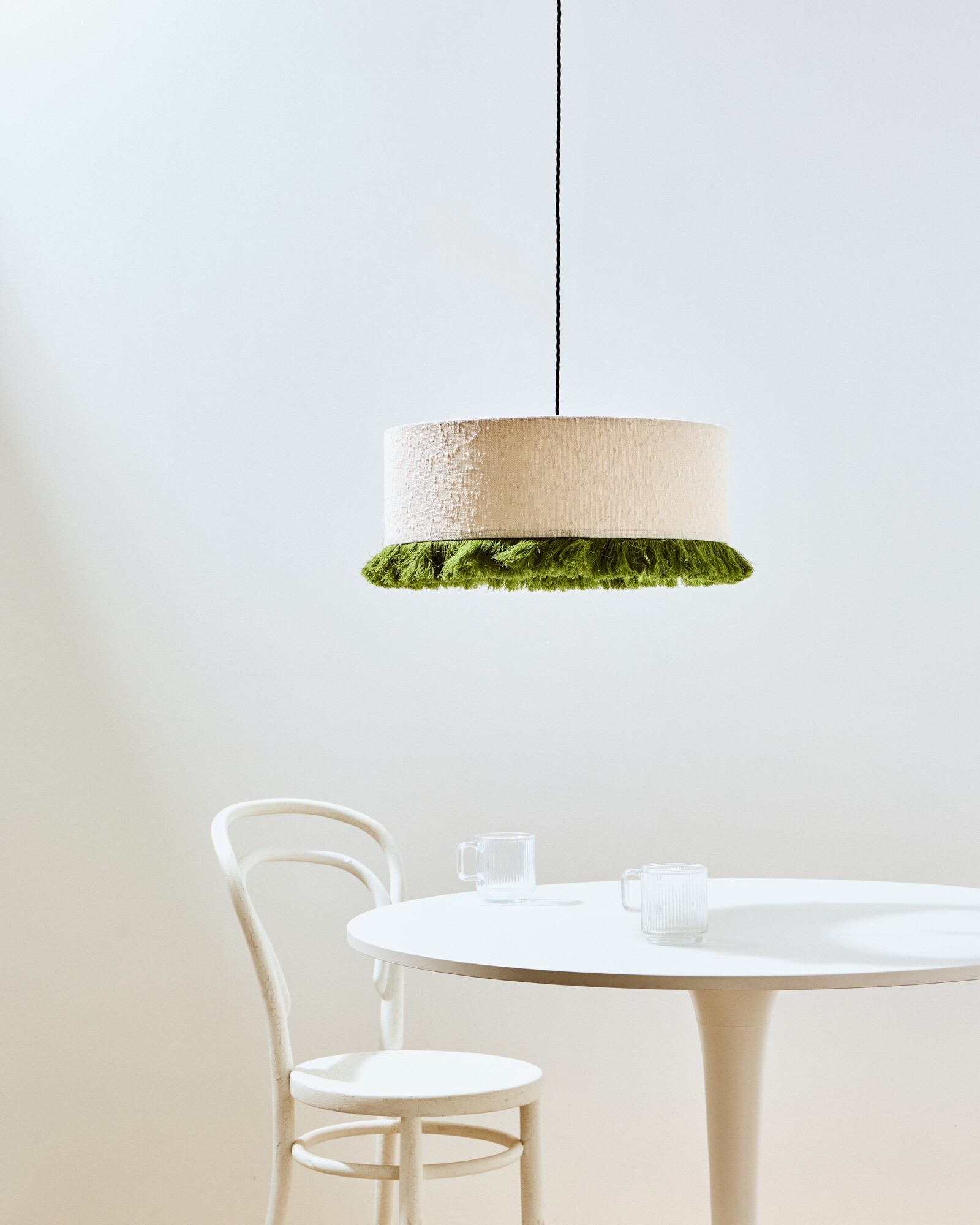 Alma White Boucle Green Tassel Lamp Shade