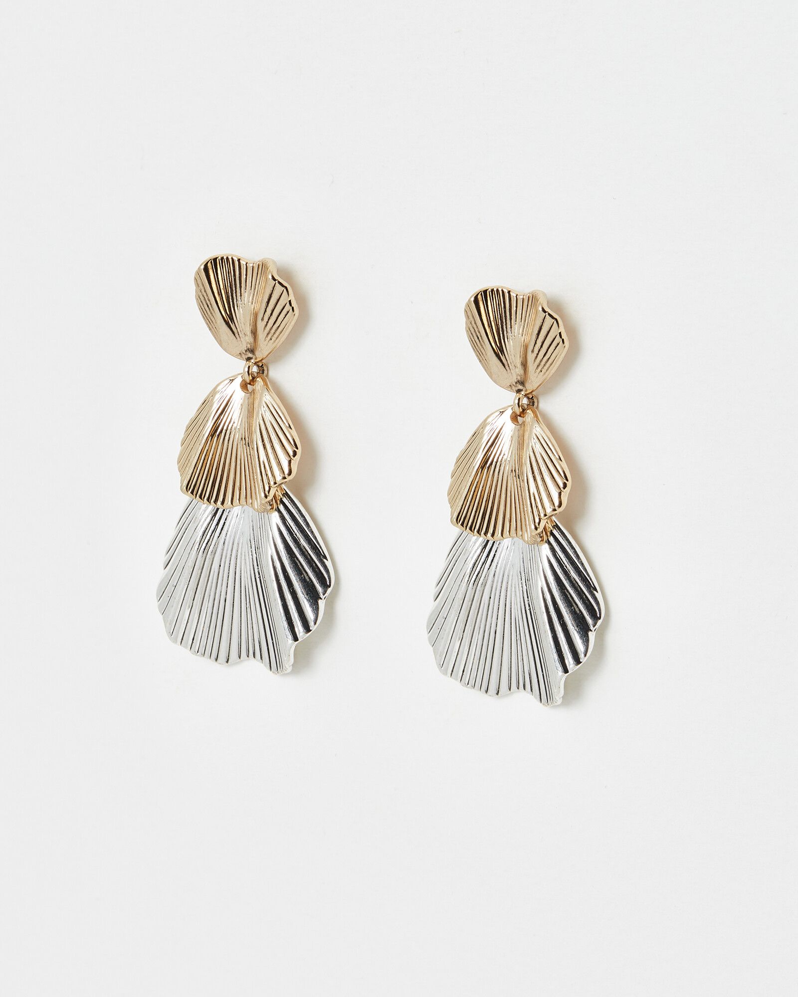 Rhea Tiered Leaf Gold & Silver Drop Earrings | Oliver Bonas