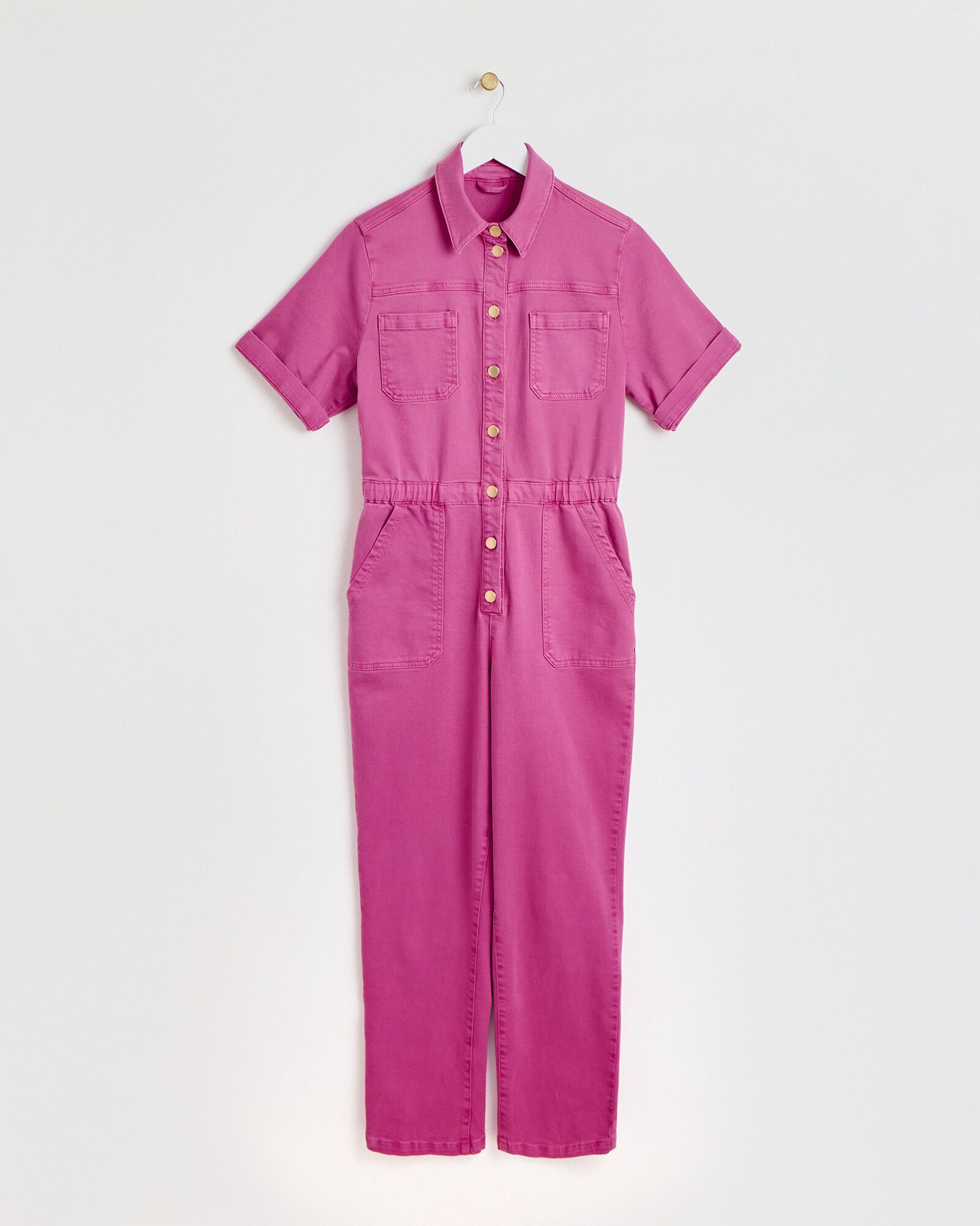 Rose Pink Denim Short Sleeve Jumpsuit | Oliver Bonas