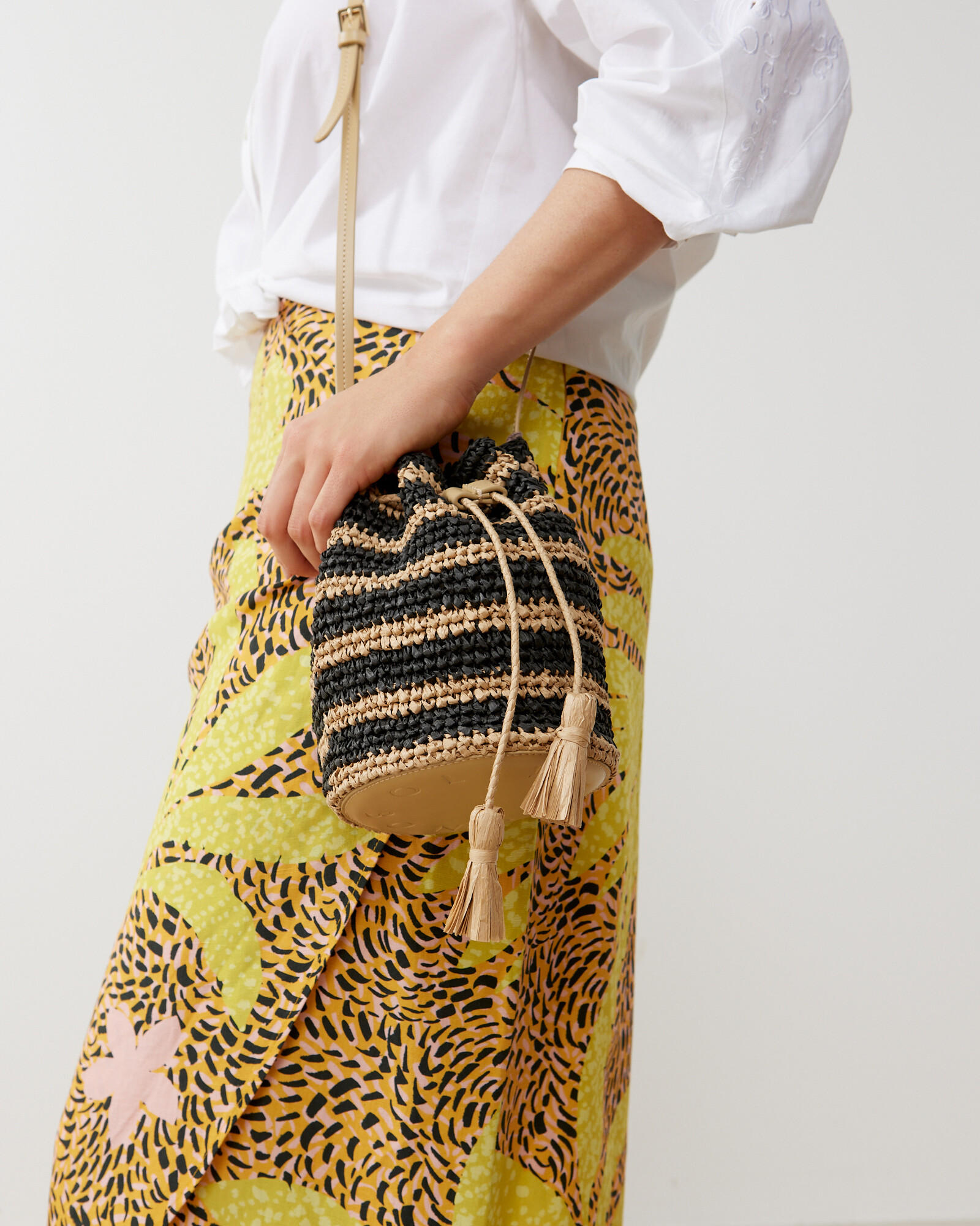 Black Crochet Raffia Bucket Crossbody Bag Oliver Bonas