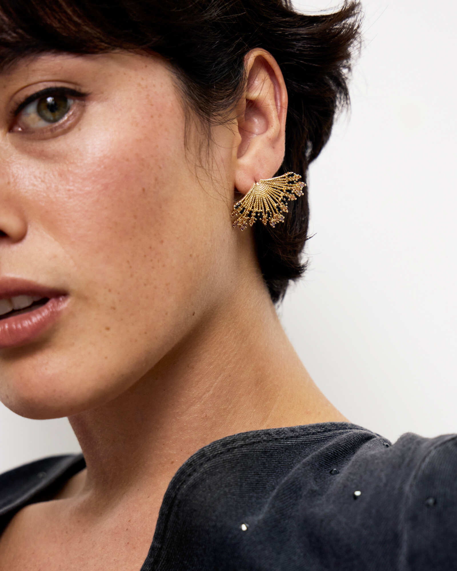 Diana Textured Fan & Black Stone Statement Earrings