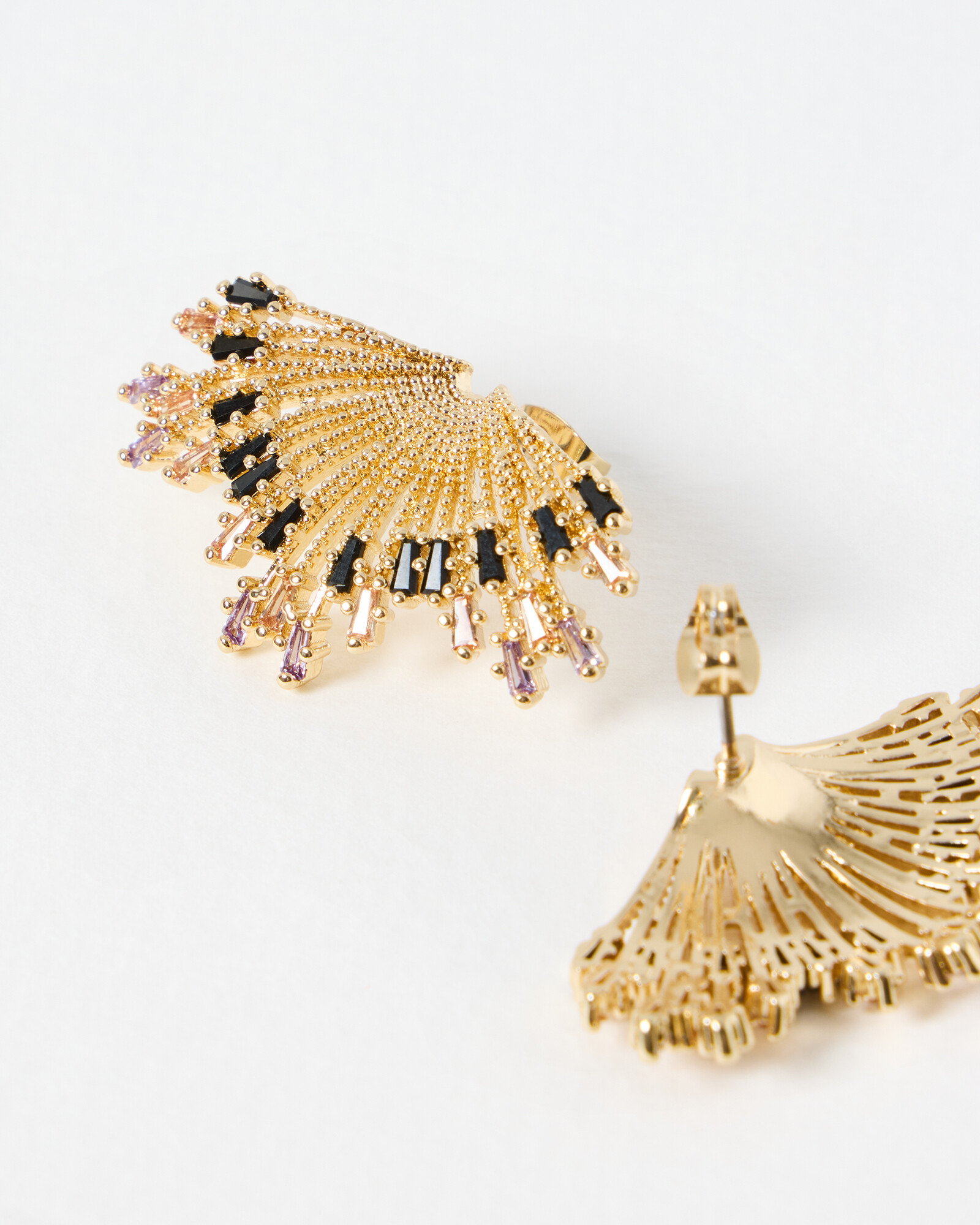 Diana Textured Fan & Black Stone Statement Earrings