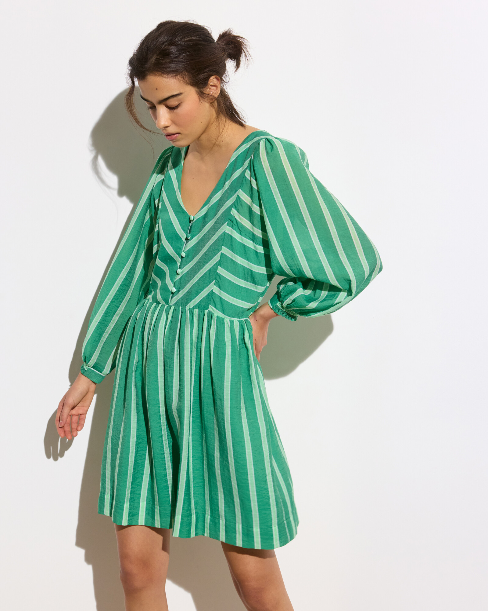 Green Striped V-Neck Mini Dress