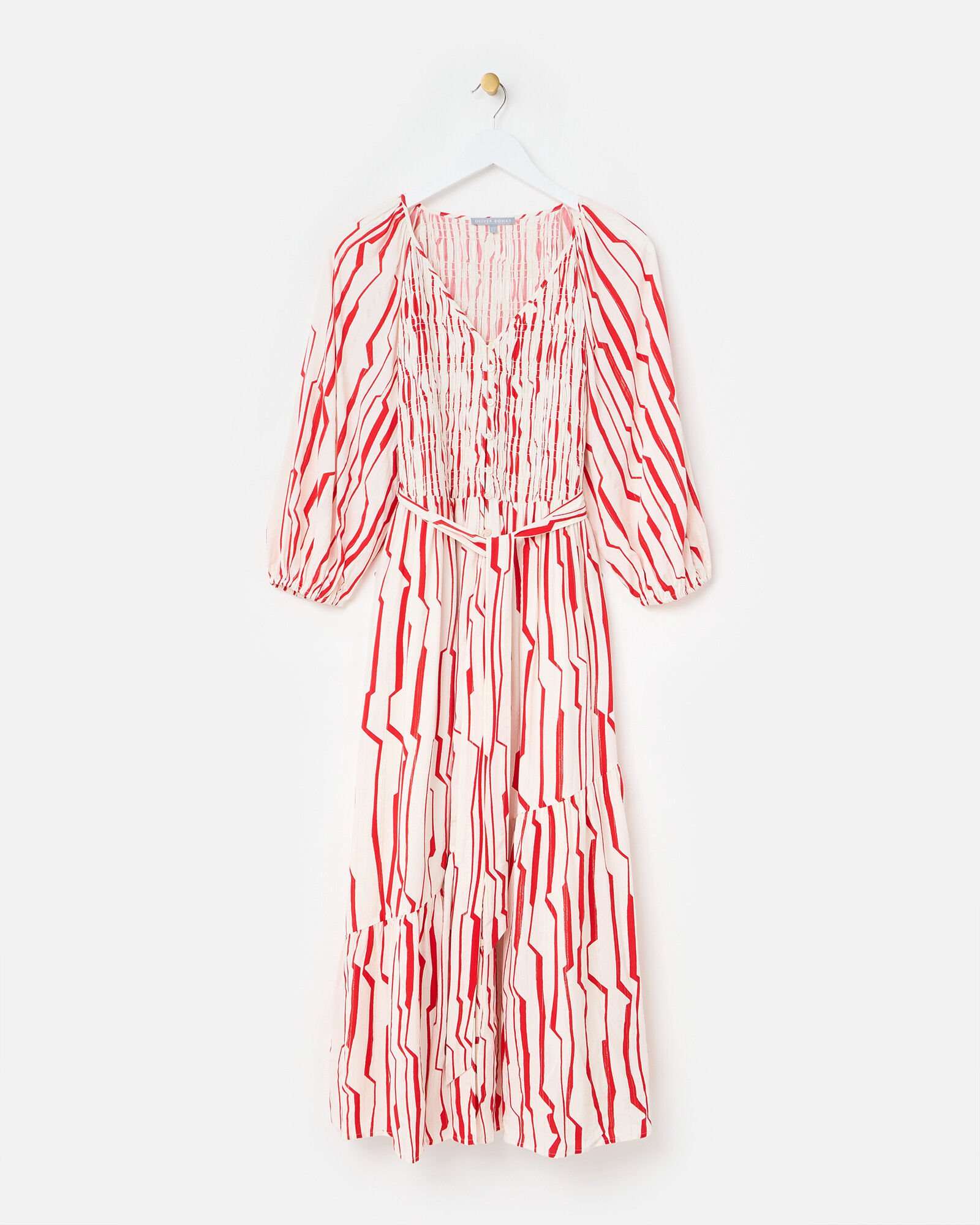 Red & White Sicilian Striped V-Neck Ruched Midi Dress