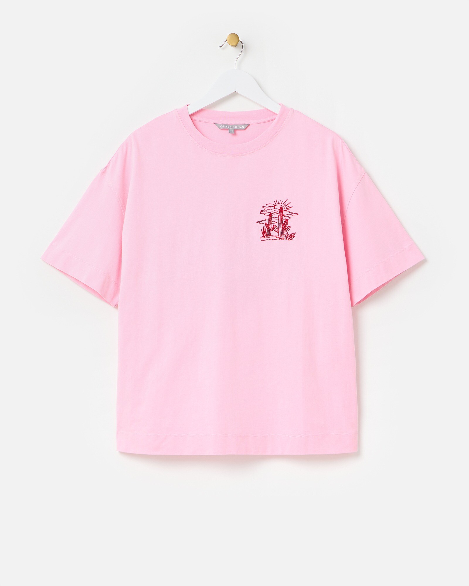 Pink Red Cactus Embroidered Cotton T-Shirt Oliver Bonas
