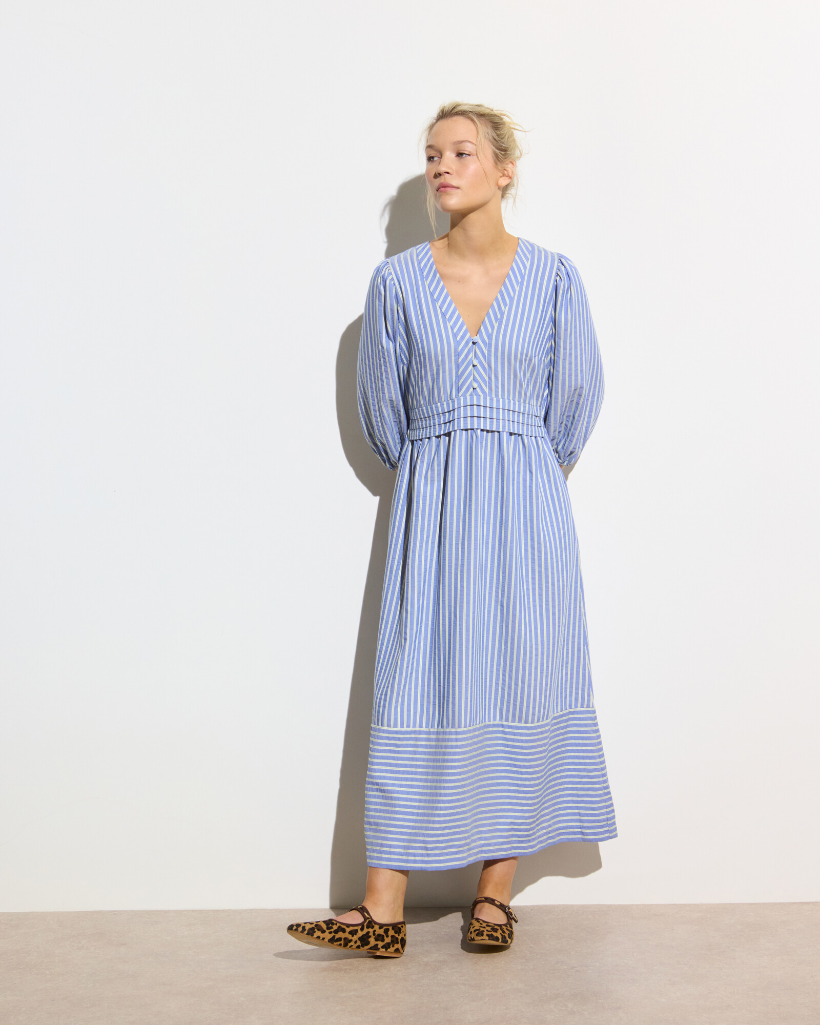 Light Blue & Green Striped V-Neck Midi Dress