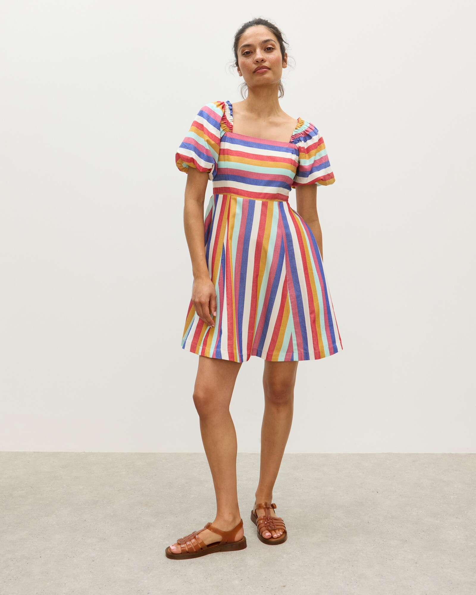 Multicoloured Striped Puff Sleeve Mini Dress