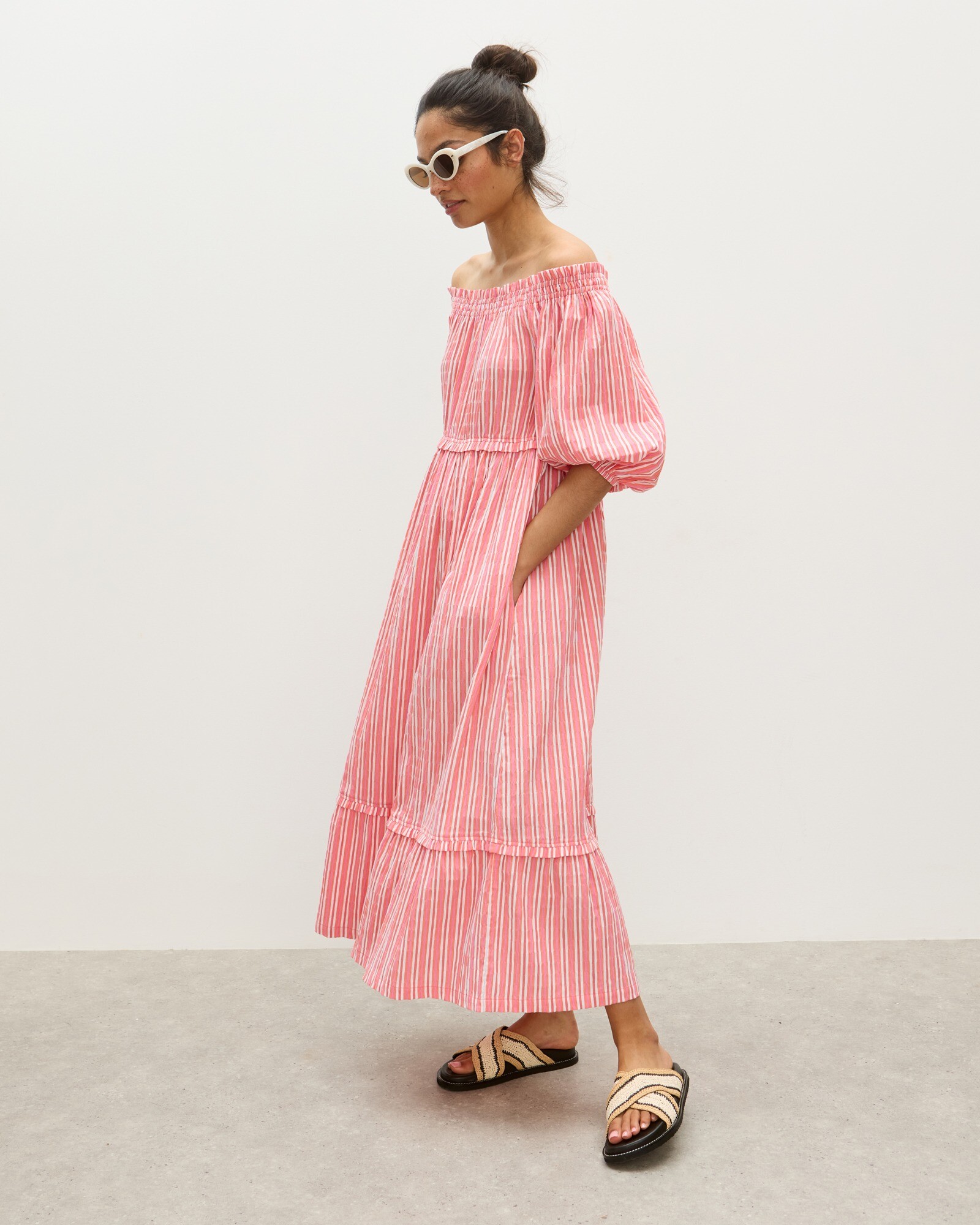 Red & Pink Striped Bardot Midi Dress