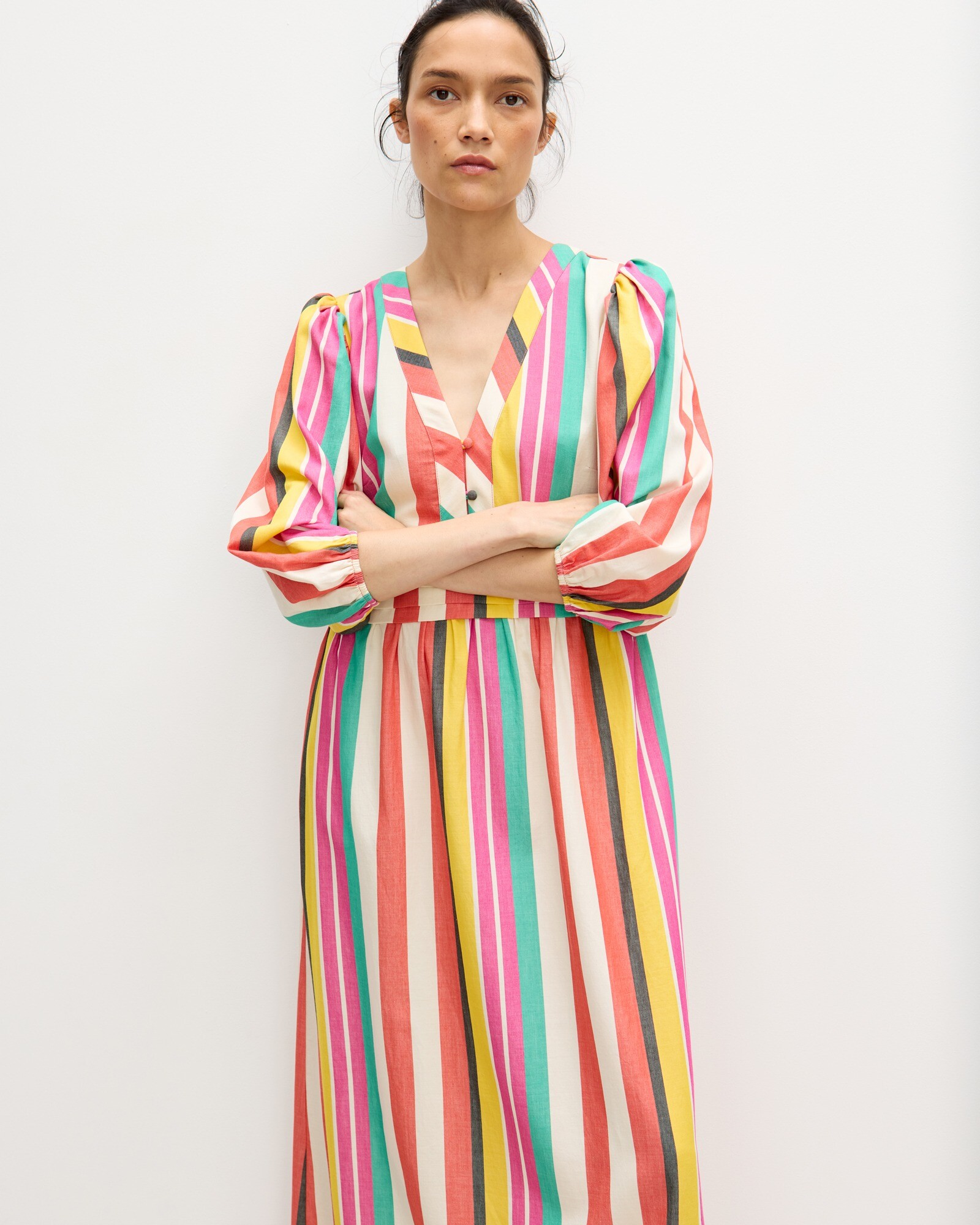 Multicoloured Striped V-Neck Midi Dress