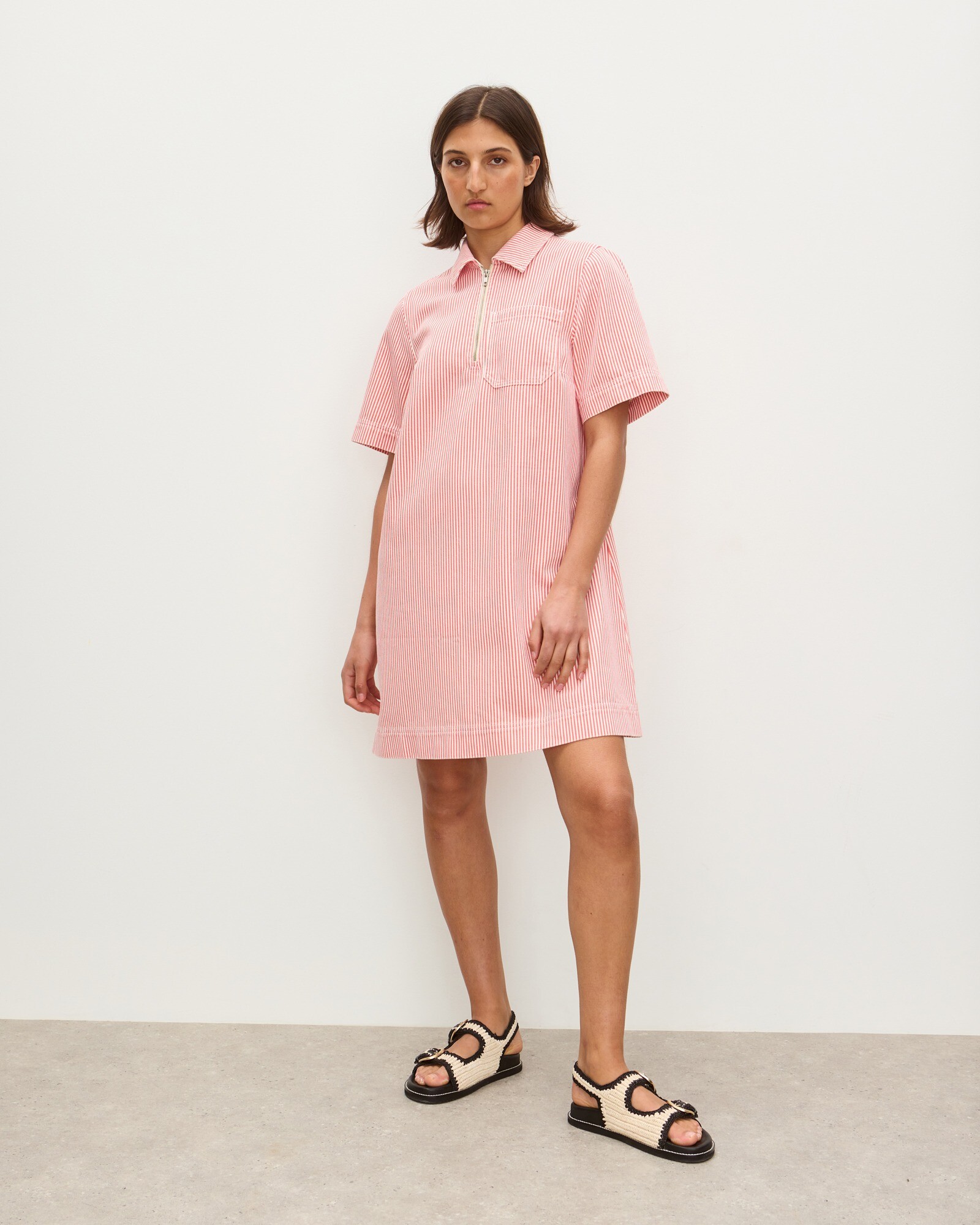 Red & White Striped Denim Half Zip Mini Dress