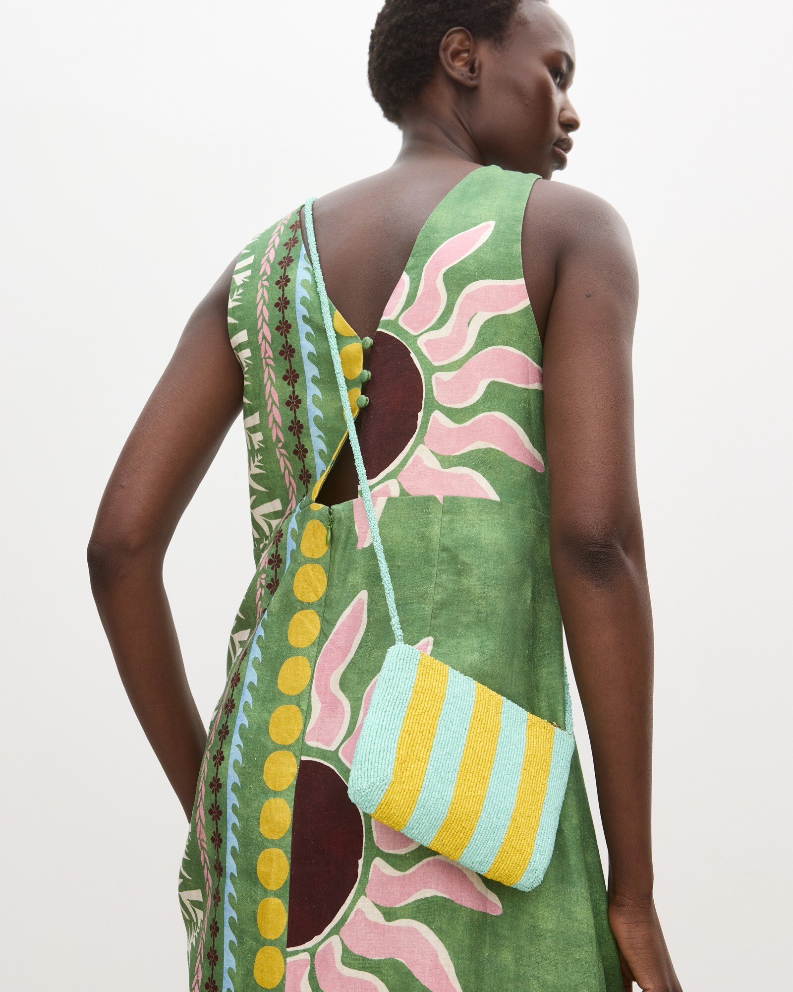 Aqua Blue & Yellow Striped Beaded Crossbody Bag