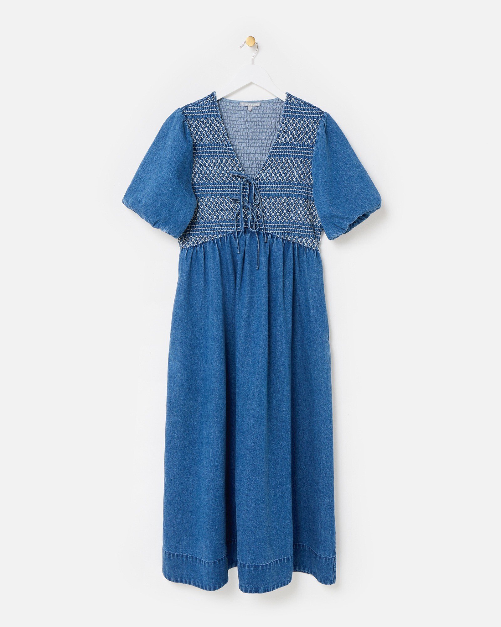Blue Denim Tie Front Puff Sleeve Midi Dress | Oliver Bonas