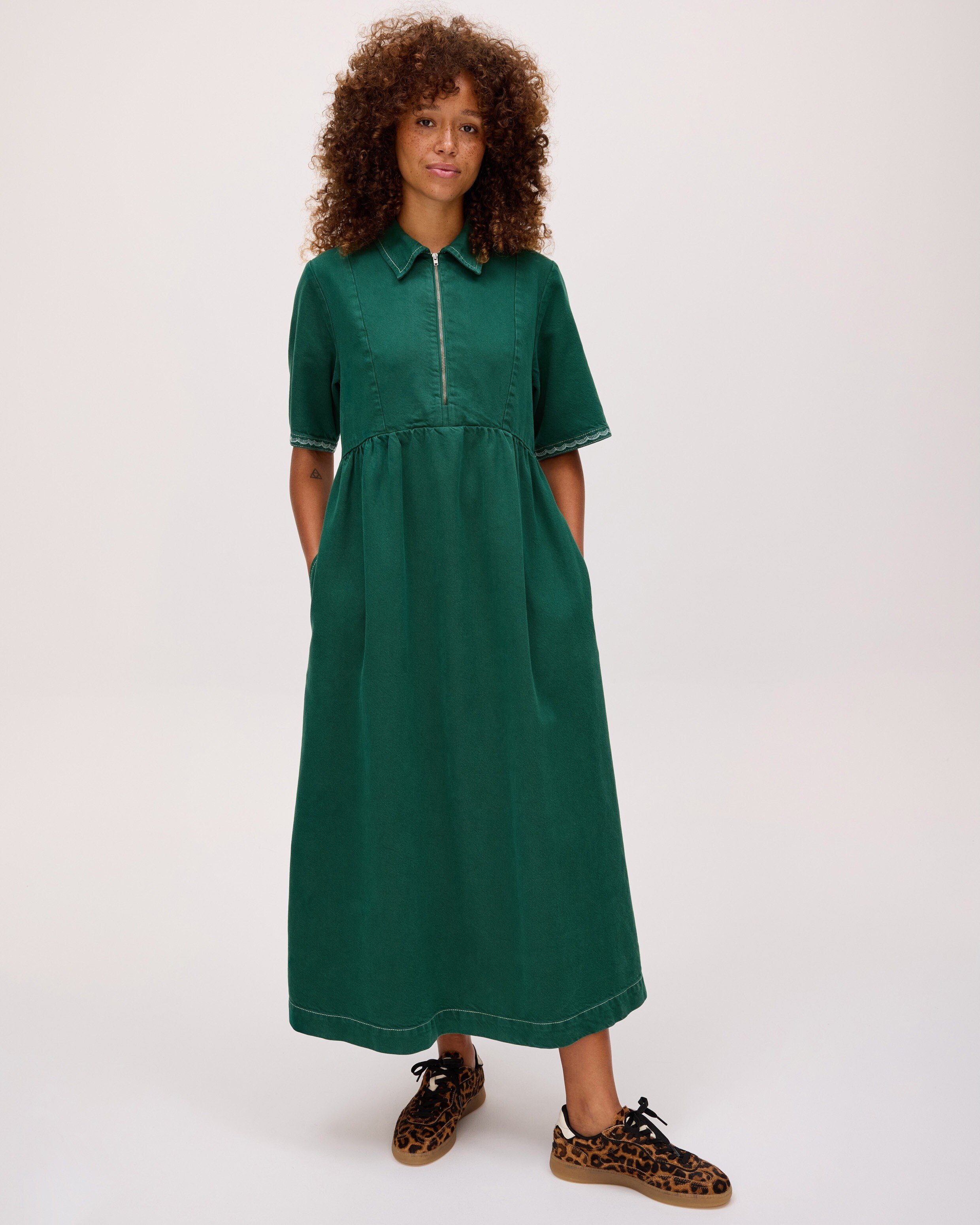Forest Green Denim Collared Zip Up Midi Dress Oliver Bonas IE