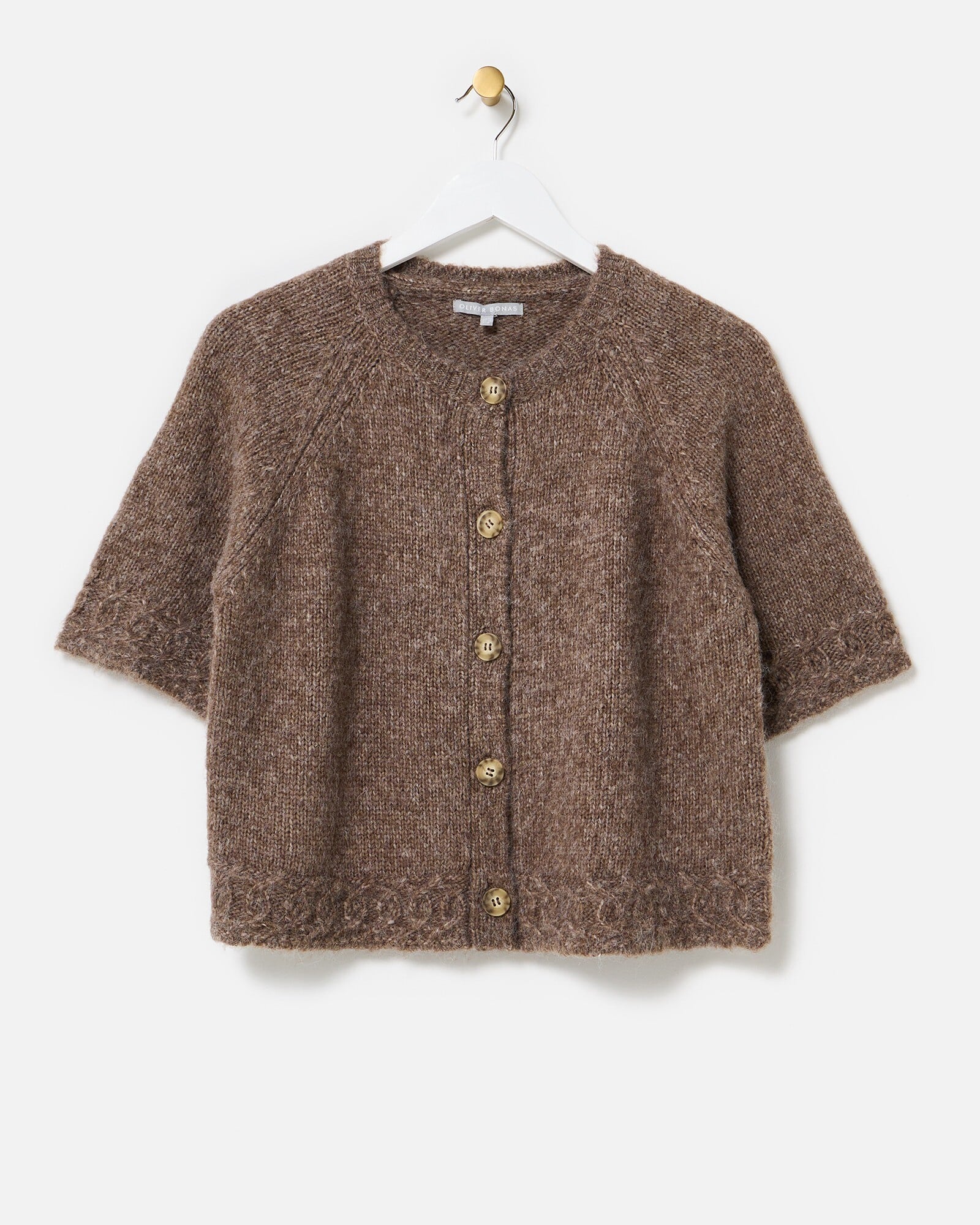Mocha Brown Button Up Short Sleeve Knitted Cardigan | Oliver Bonas