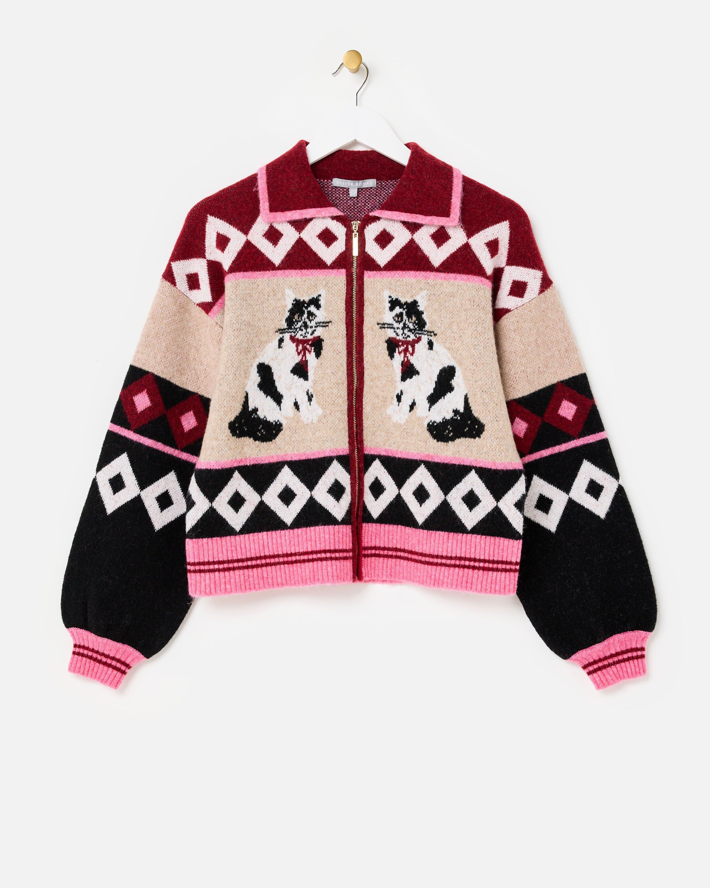 Burgundy & Cream Cat Collared Knitted Bomber Jacket | Oliver Bonas