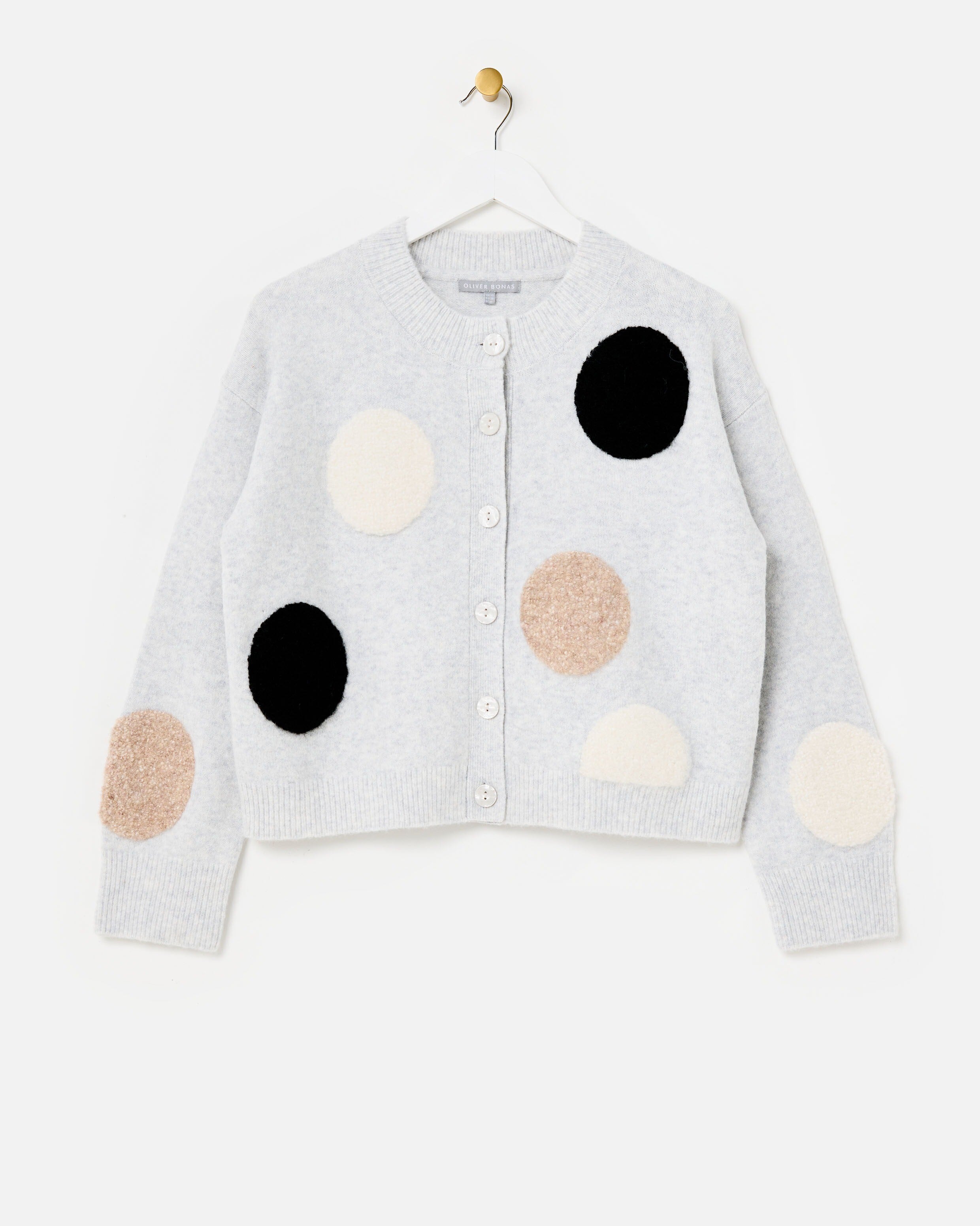 00s three dots Napoléon Cardigan Grey Textured Spot Crew Neck Knitted Cardigan | Oliver Bonas