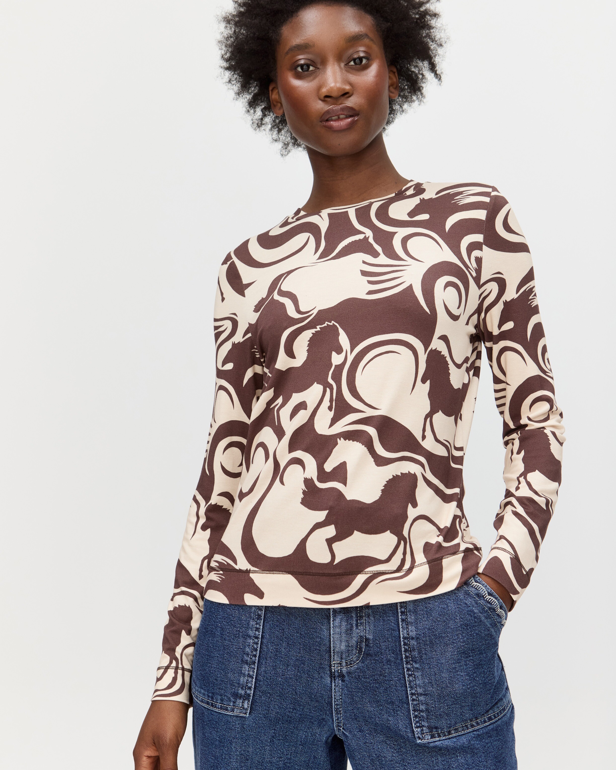 Brown & Cream Horse Print Fitted Long Sleeve Top | Oliver Bonas Brown & Cream Horse Print Fitted Long Sleeve Top | Oliver Bonas