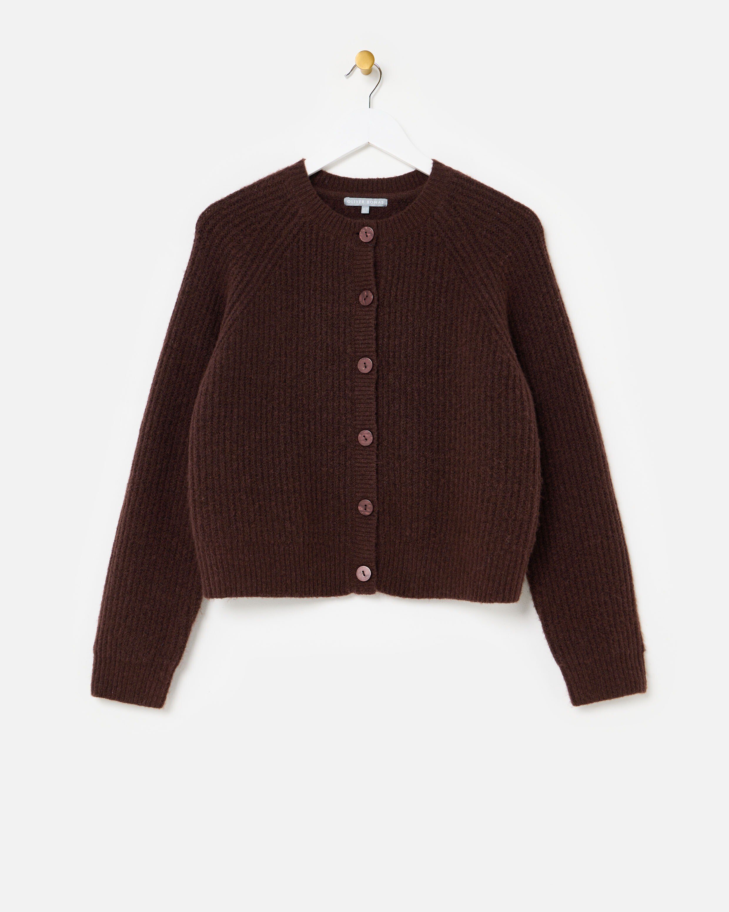 Chocolate Brown Ribbed Crew Neck Knitted Cardigan | Oliver Bonas