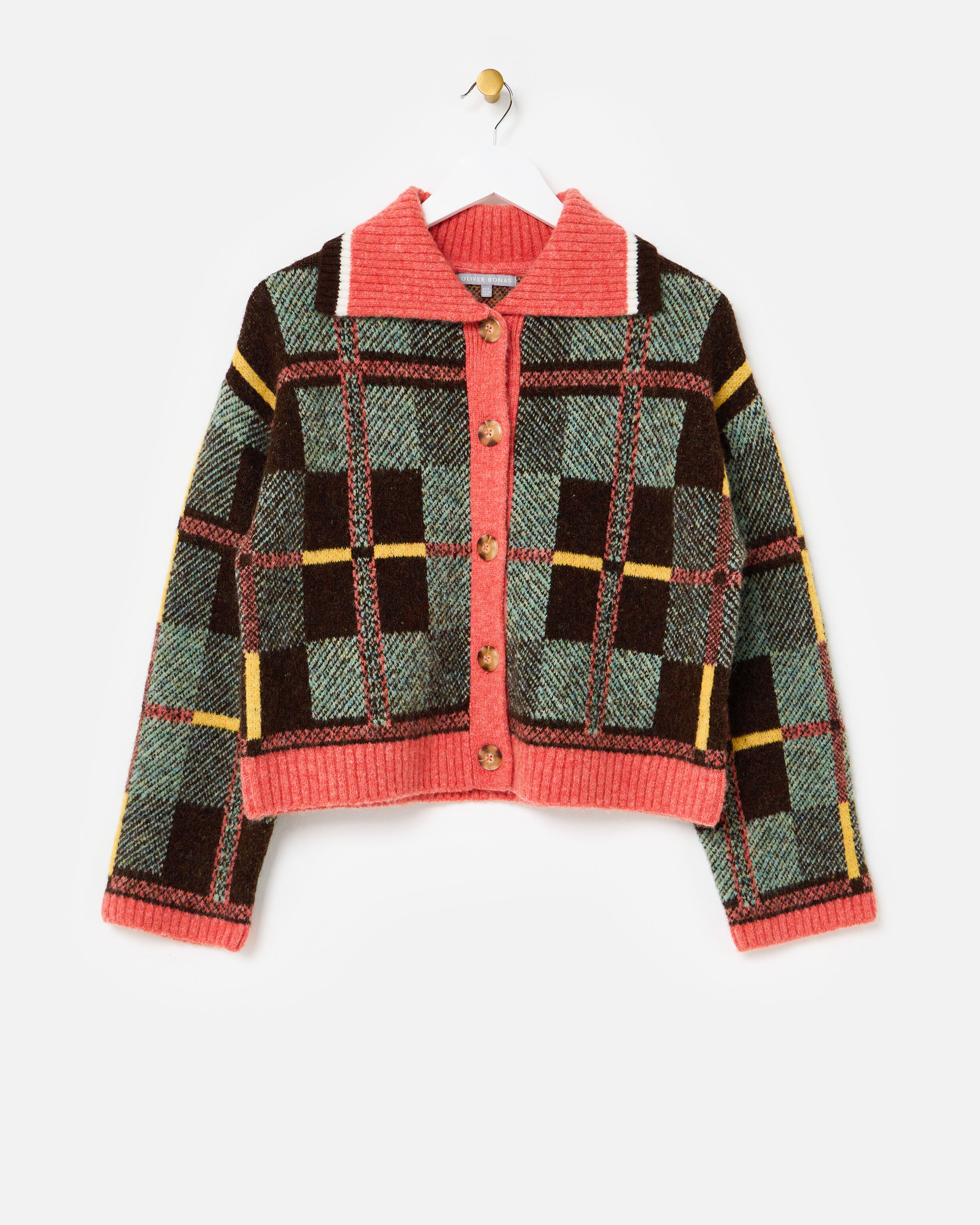 Green Pink Checked Collared Button Up Knitted Cardigan Oliver