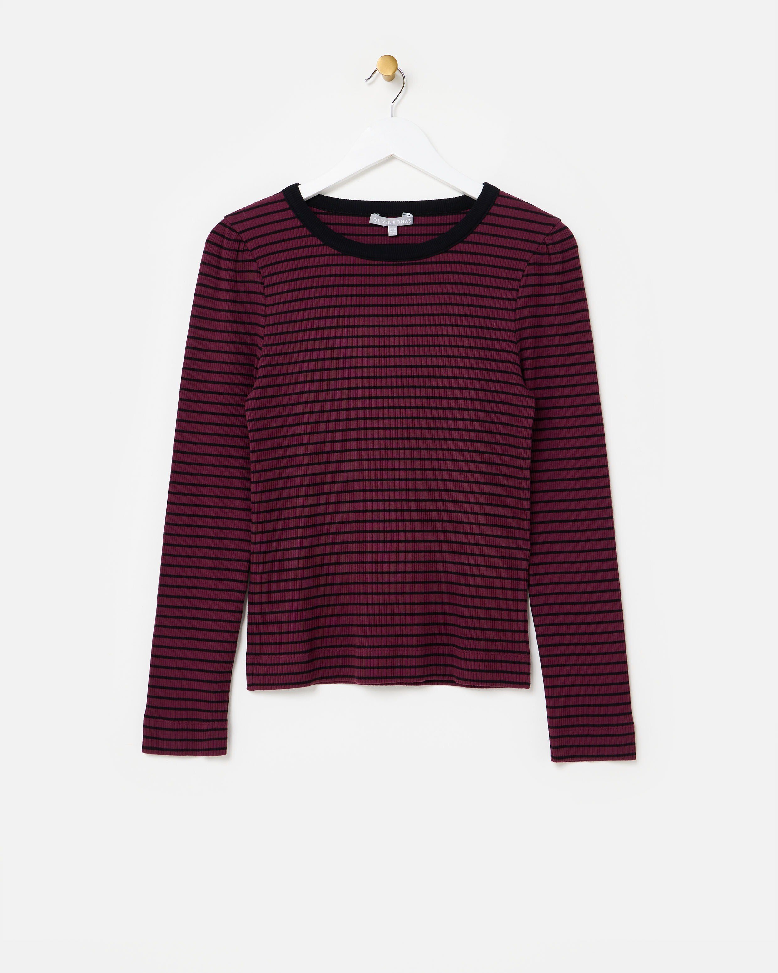 Plum & Black Striped Ribbed Long Sleeve Top | Oliver Bonas