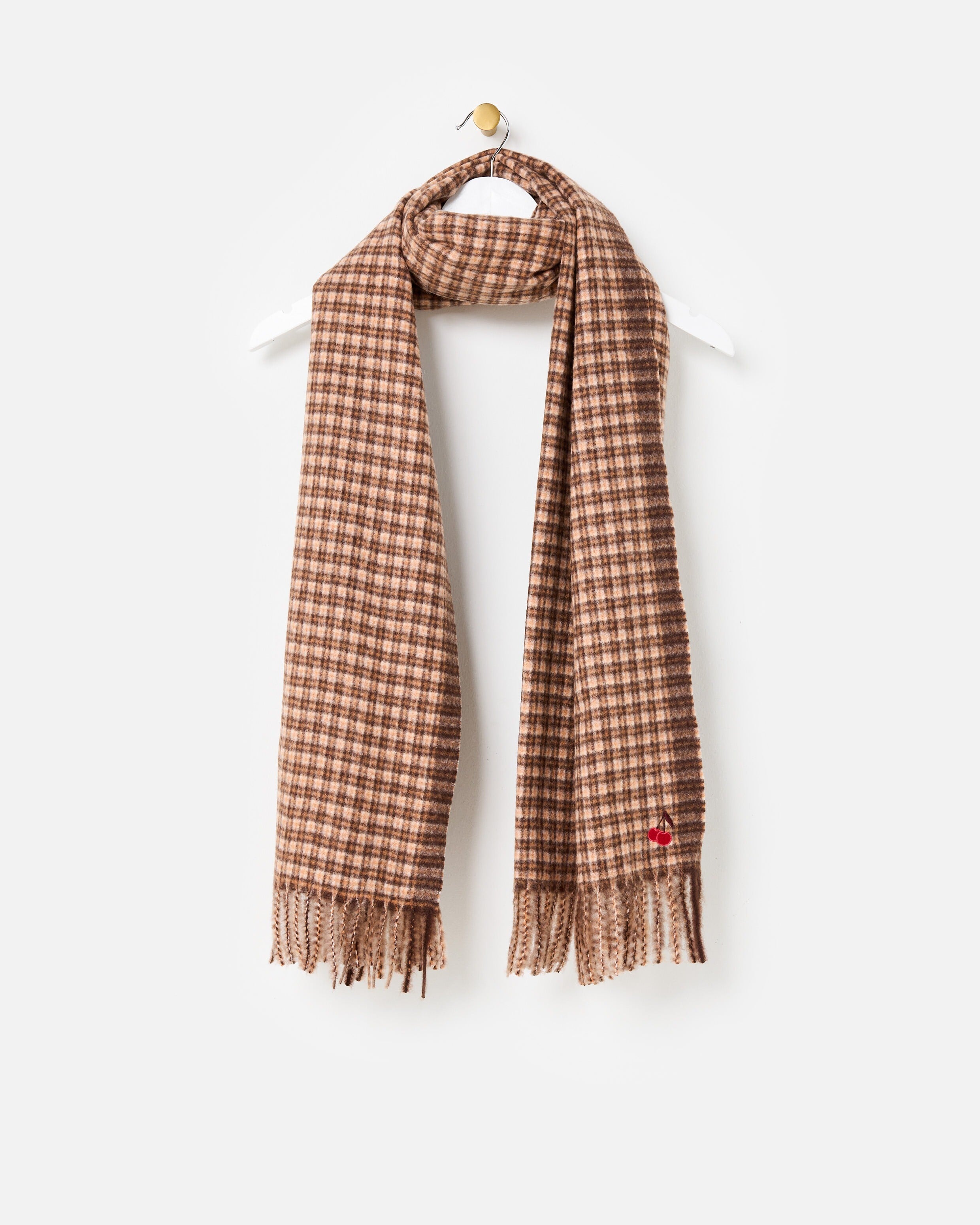 Brown Checked Cherry Motif Midweight Tassel Scarf | Oliver Bonas