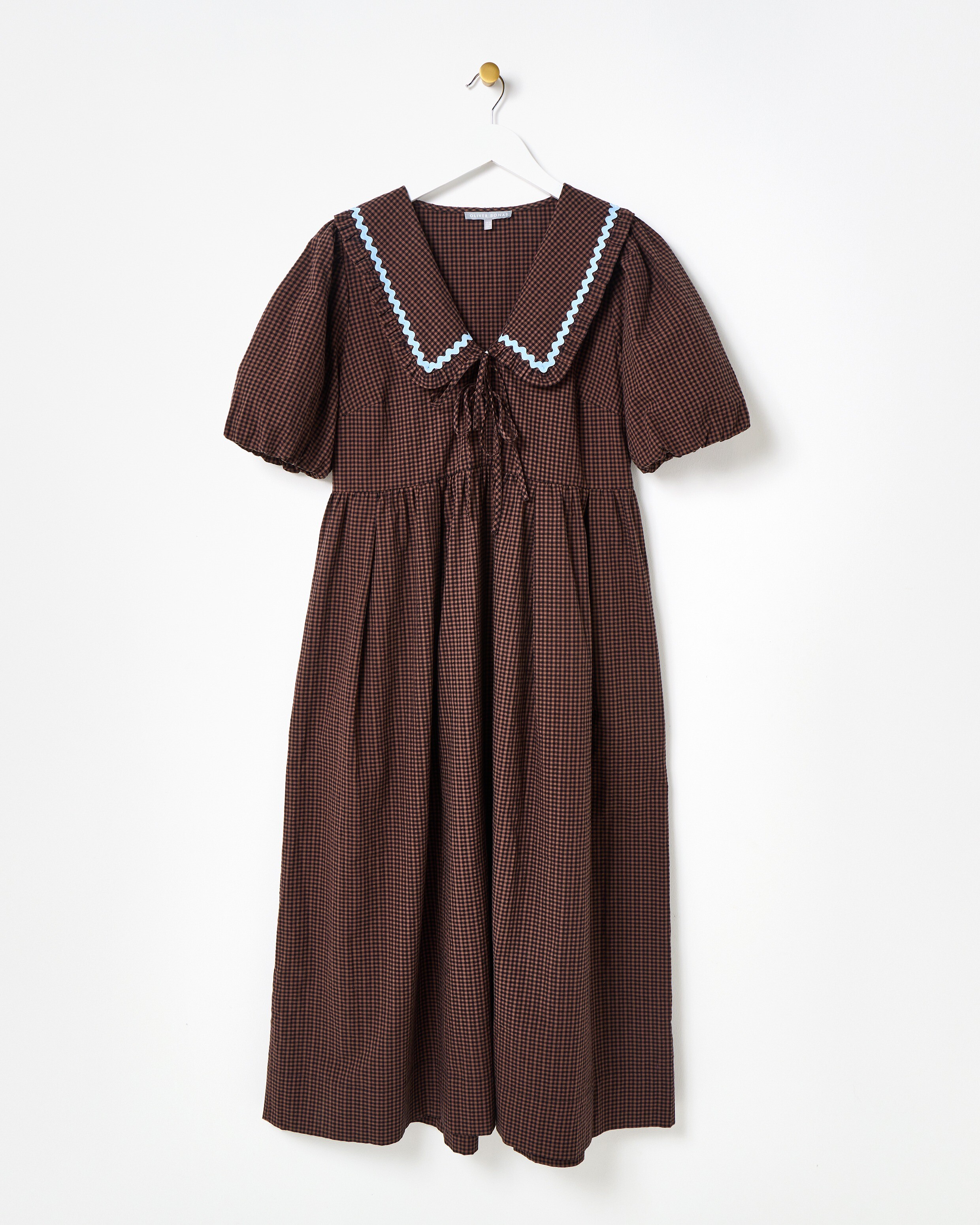 Chocolate Brown Gingham Collar Cotton Midi Dress | Oliver Bonas