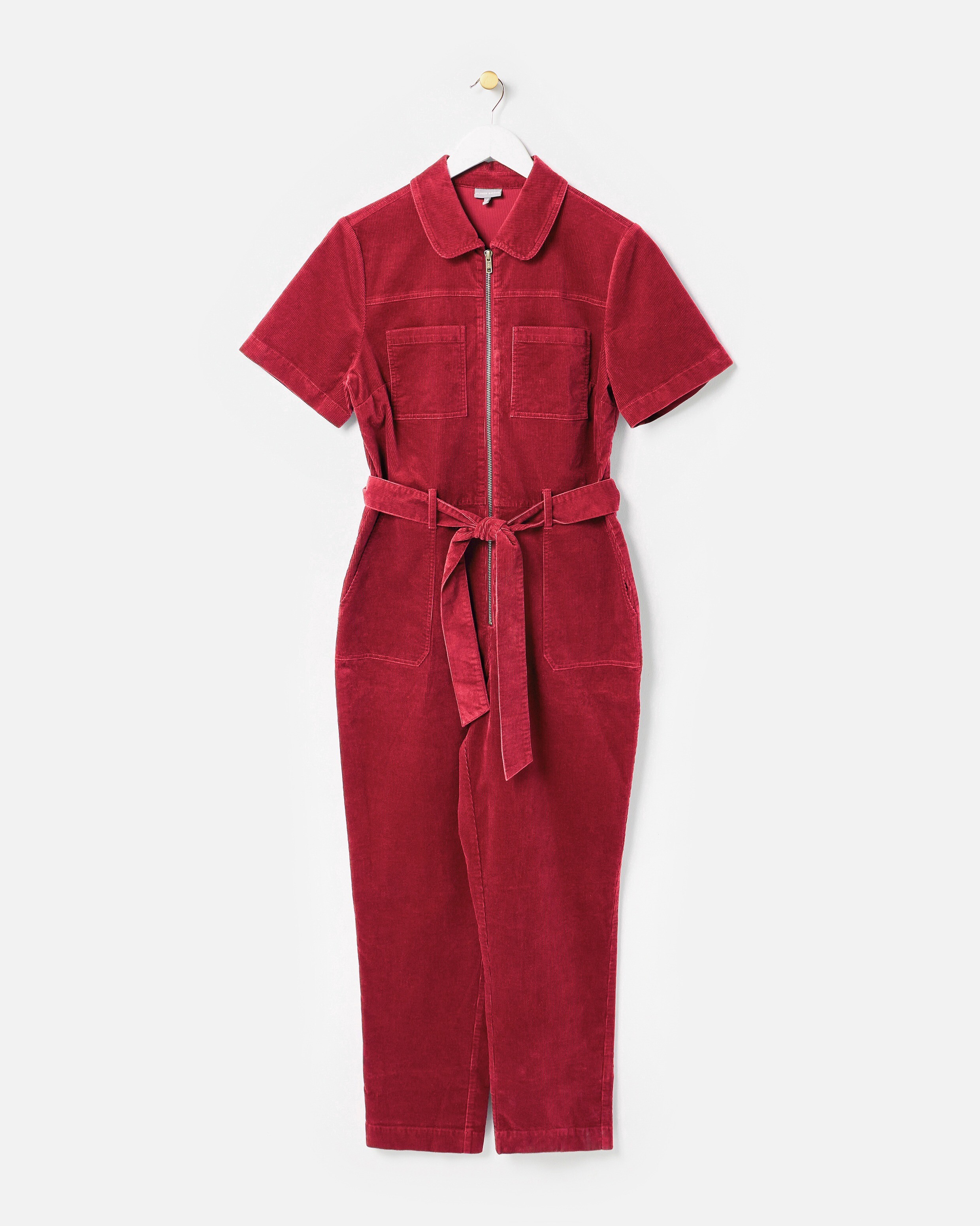 Berry Red Corduroy Zip Up Short Sleeve Jumpsuit Oliver Bonas IE