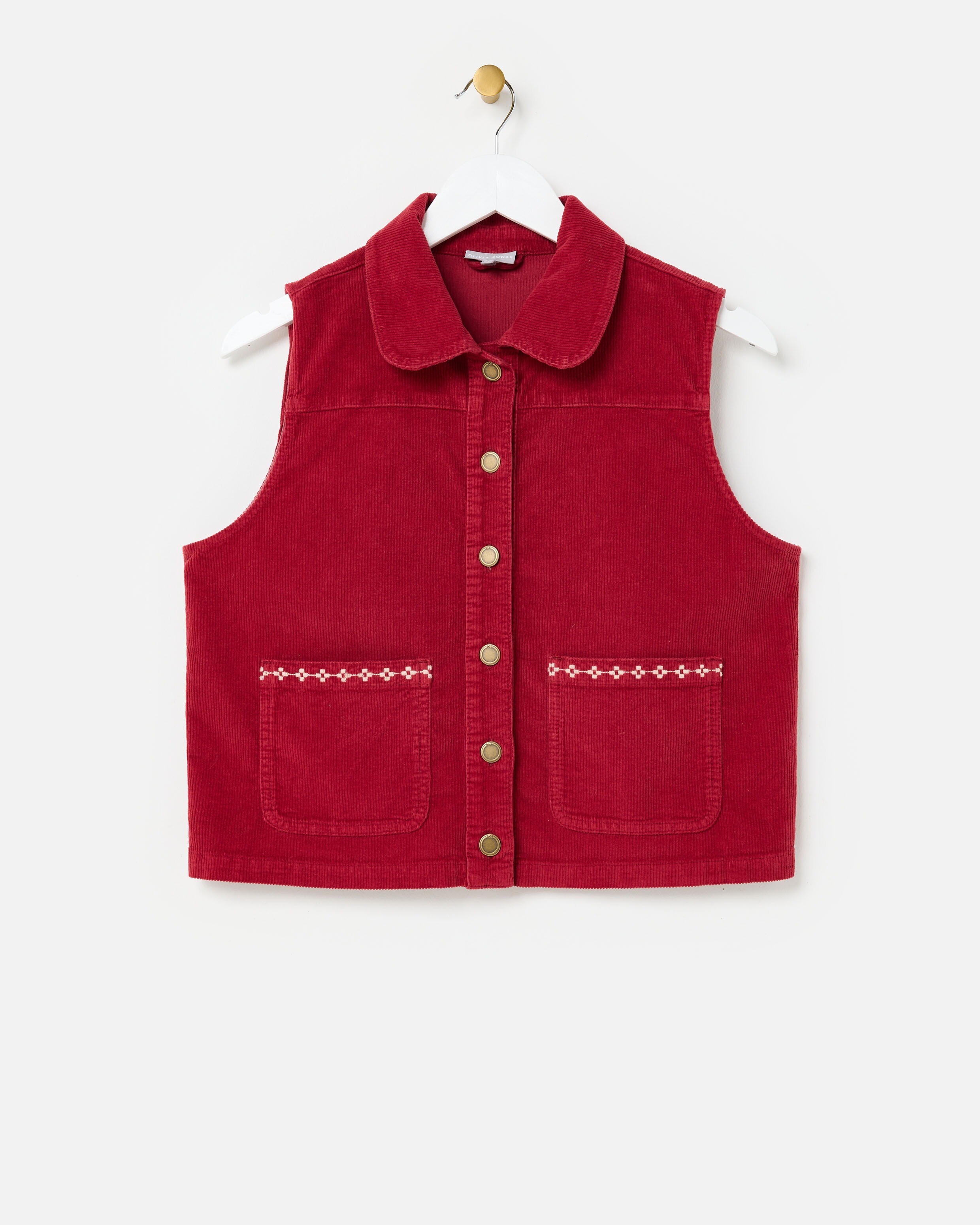 Berry Red Corduroy Collared Sleeveless Jacket