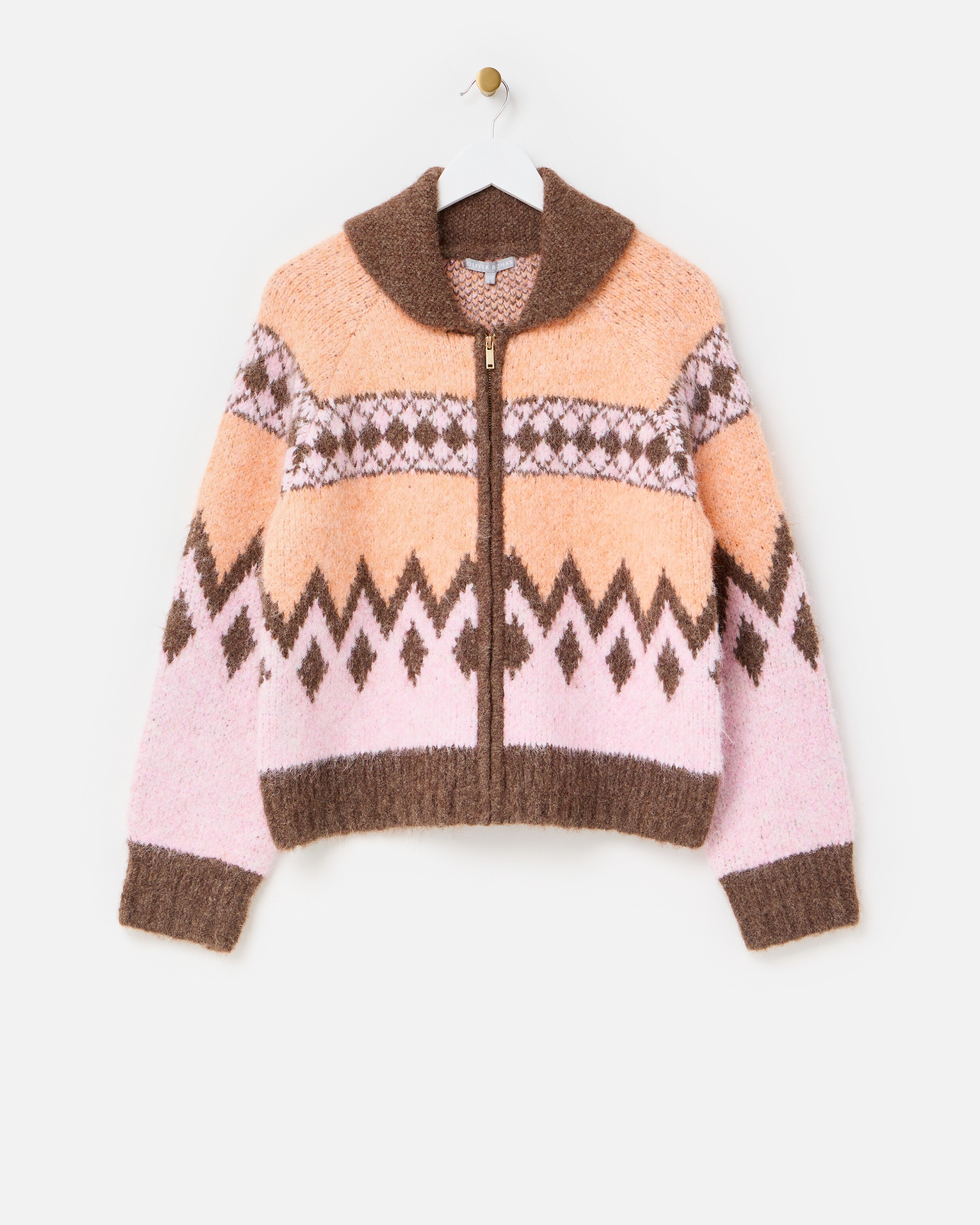 Peach & Brown Geometric Collared Knitted Bomber Jacket | Oliver Bonas