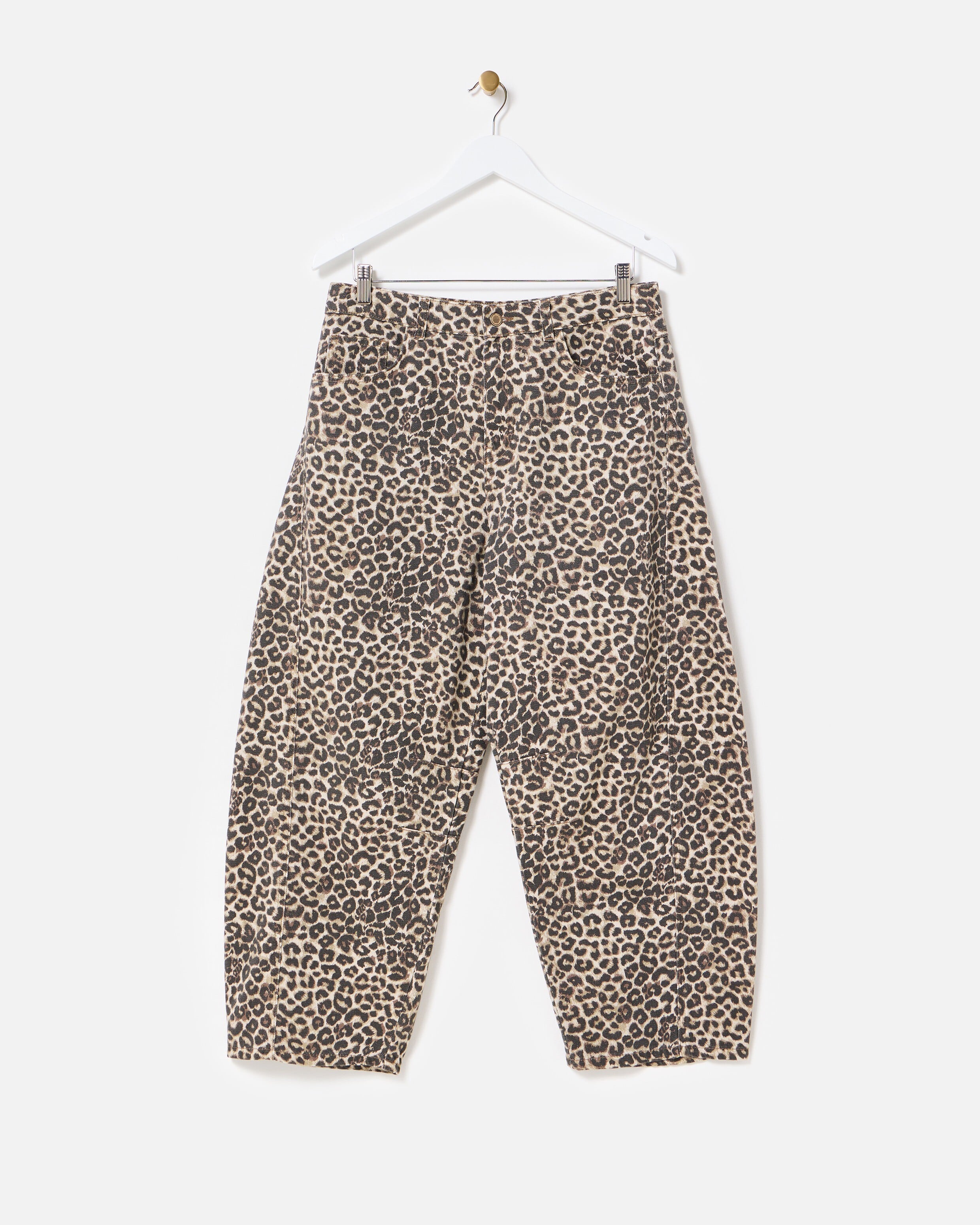 Bronwyn Barrel Leg Cropped Cotton, Trousers - Denim Blue, Ecru, Khaki Leopard Print